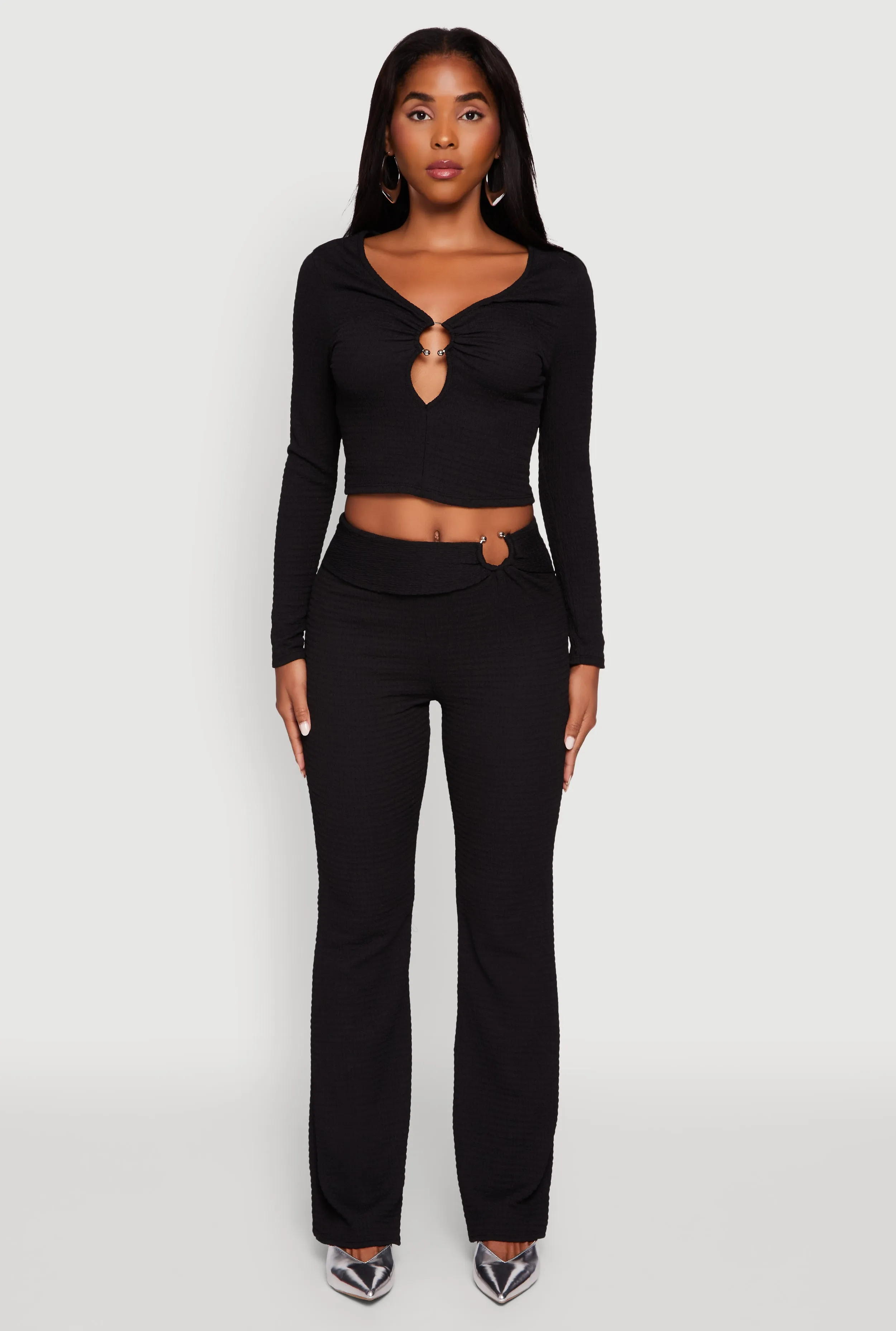 O Ring Cut Out Textured Knit Cropped Blouse sold by Rainbow product image thumbnail 2