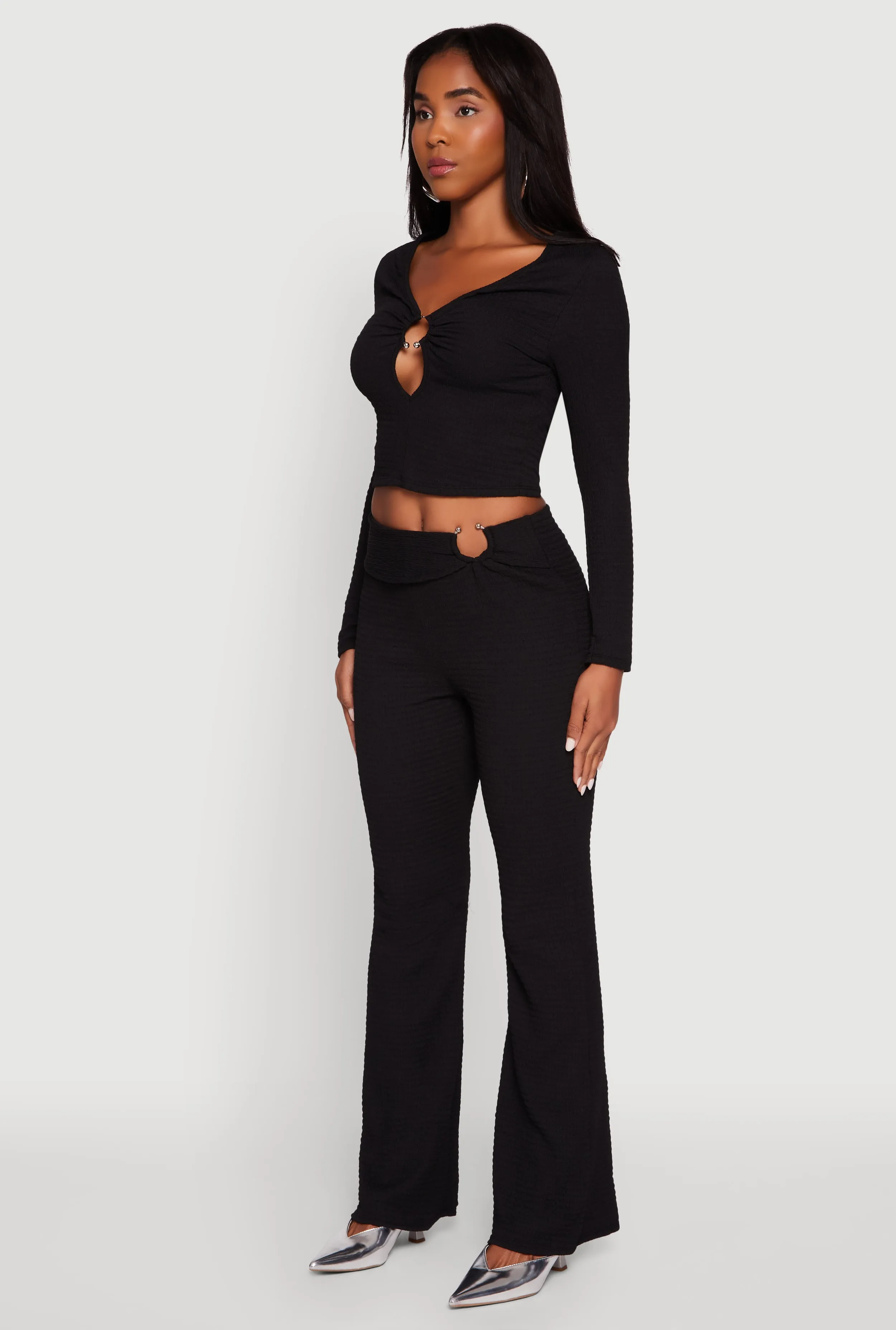 O Ring Cut Out Textured Knit Cropped Blouse sold by Rainbow product image thumbnail 5