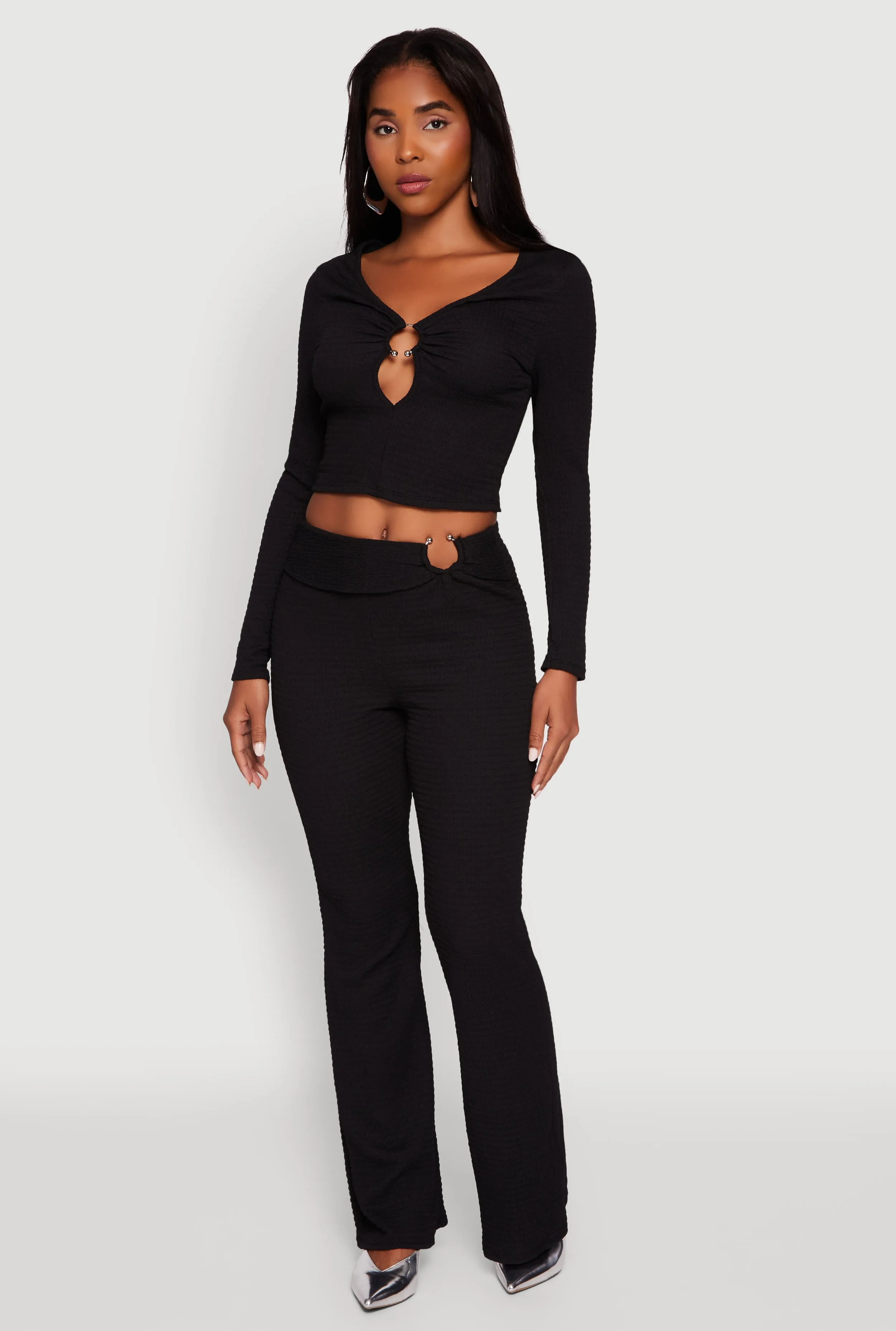 O Ring Cut Out Textured Knit Cropped Blouse sold by Rainbow product image thumbnail 3