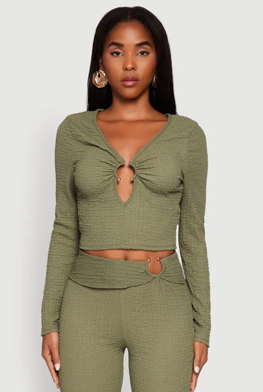 O Ring Cut Out Textured Knit Cropped Blouse sold by Rainbow