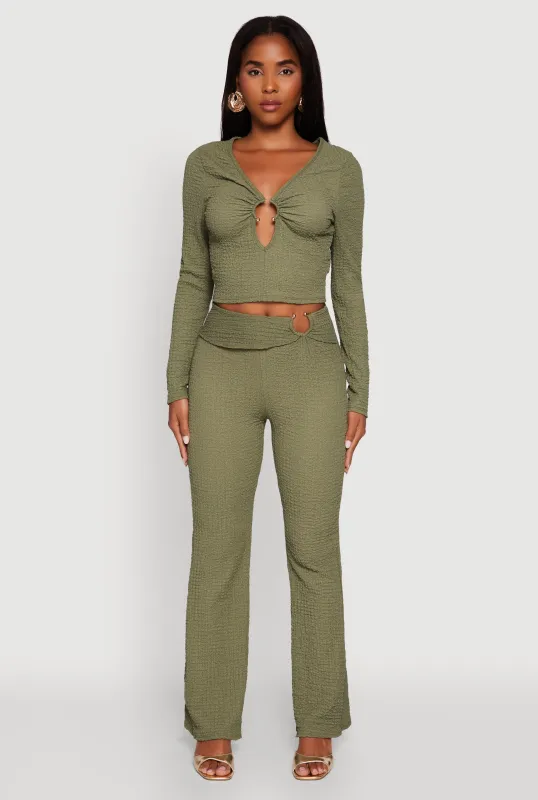 Metallic O-Ring Keyhole Belted Front Flare Pants sold by Rainbow