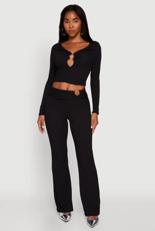 Metallic O-Ring Keyhole Belted Front Flare Pants sold by Rainbow