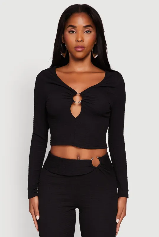O Ring Cut Out Textured Knit Cropped Blouse sold by Rainbow
