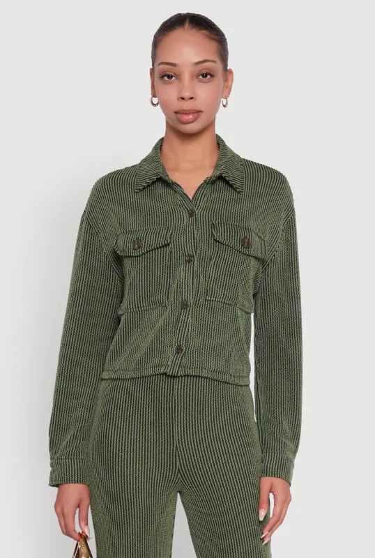 Rib Knit Shadow Stripe Button Front Cropped Shirt sold by Rainbow