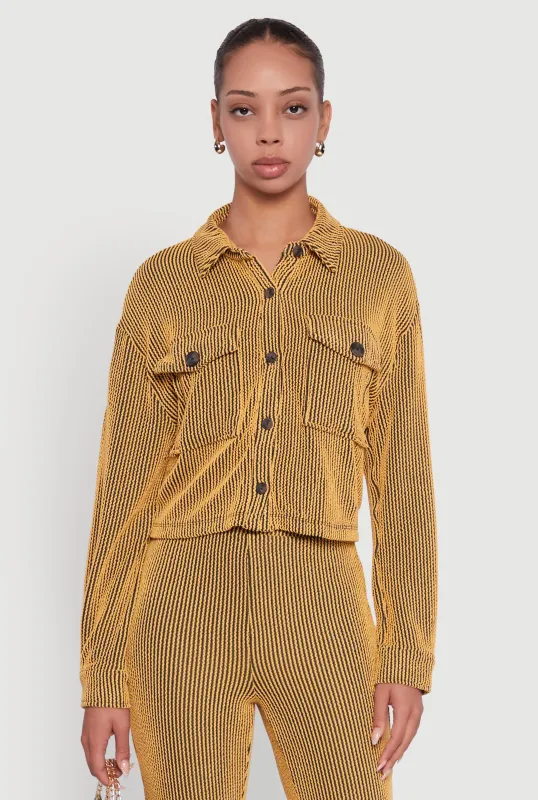 Rib Knit Shadow Stripe Button Front Cropped Shirt sold by Rainbow