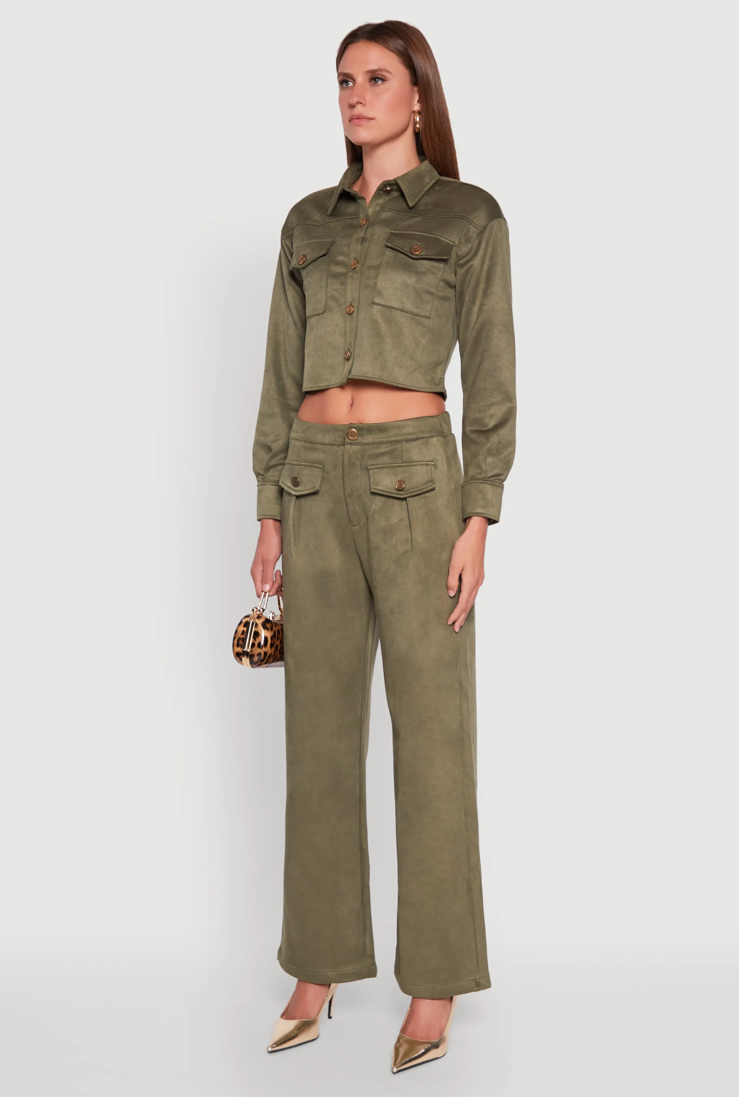 Faux Suede Button Front Cropped Shirt sold by Rainbow product image thumbnail 5