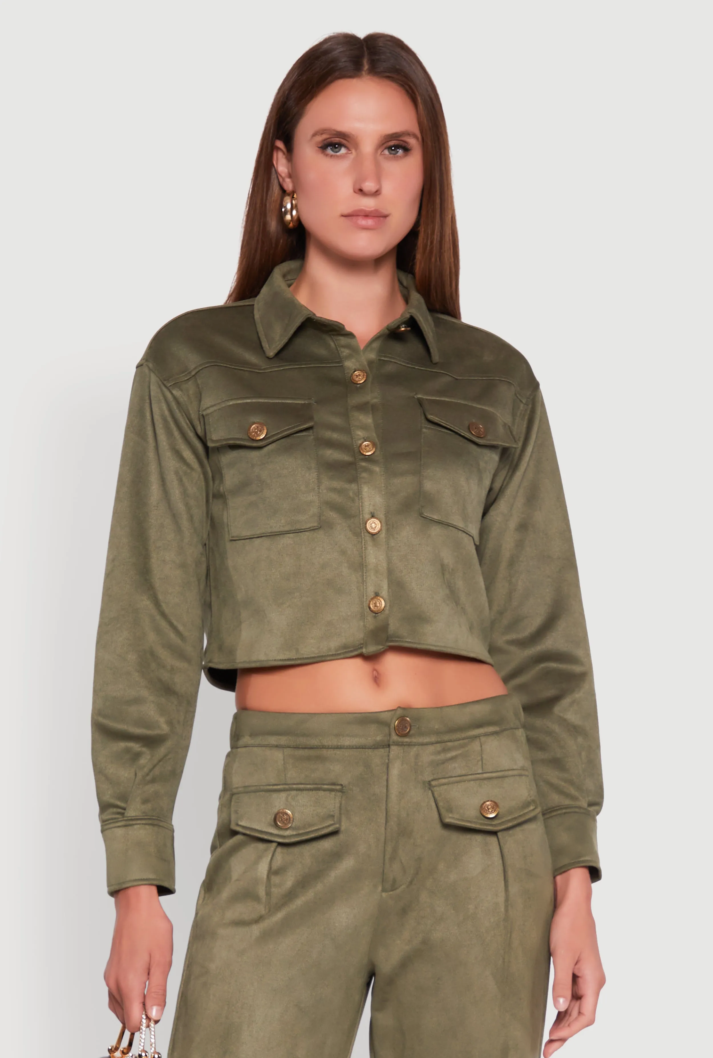 Faux Suede Button Front Cropped Shirt sold by Rainbow