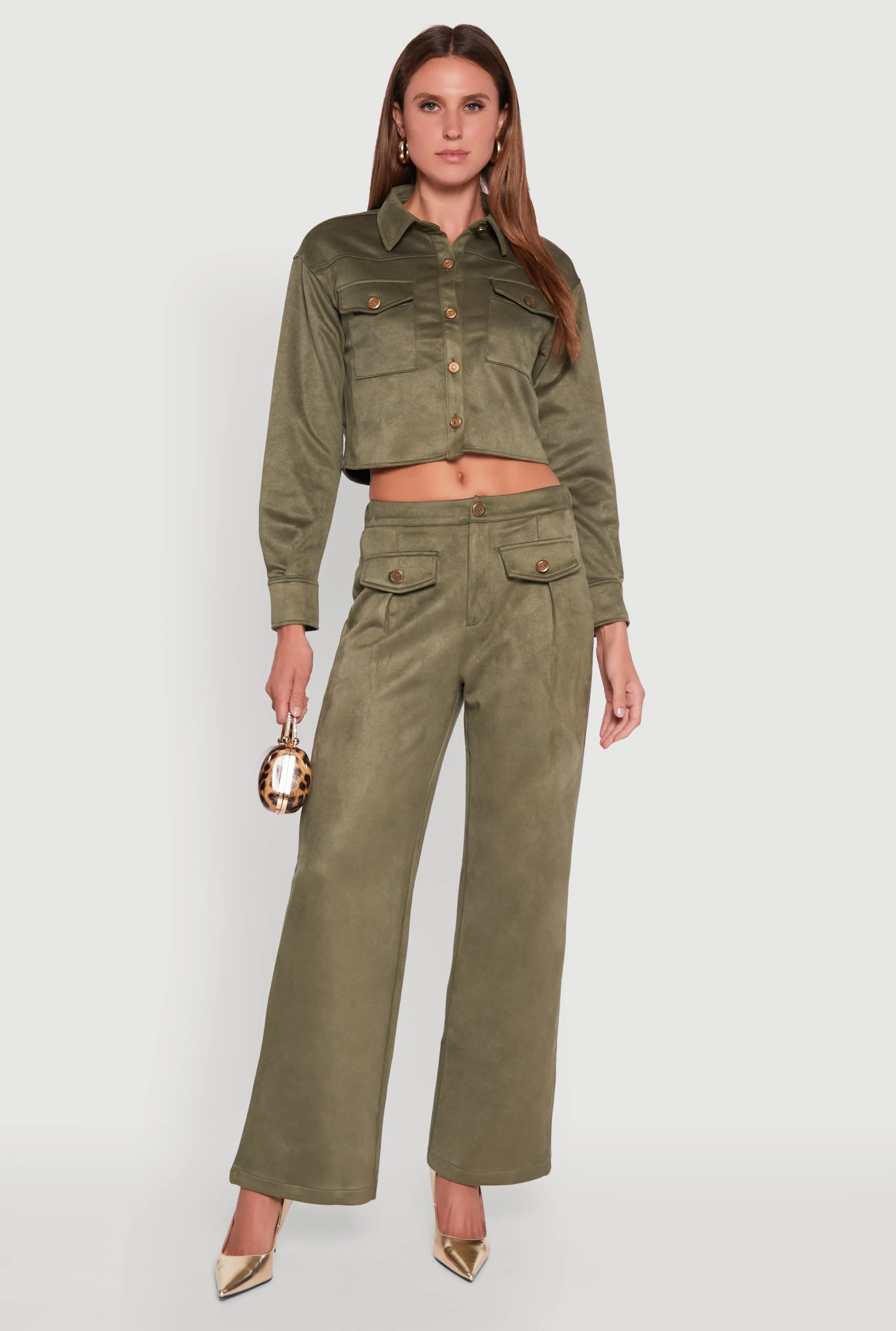 Faux Suede Button Front Cropped Shirt sold by Rainbow product image thumbnail 2