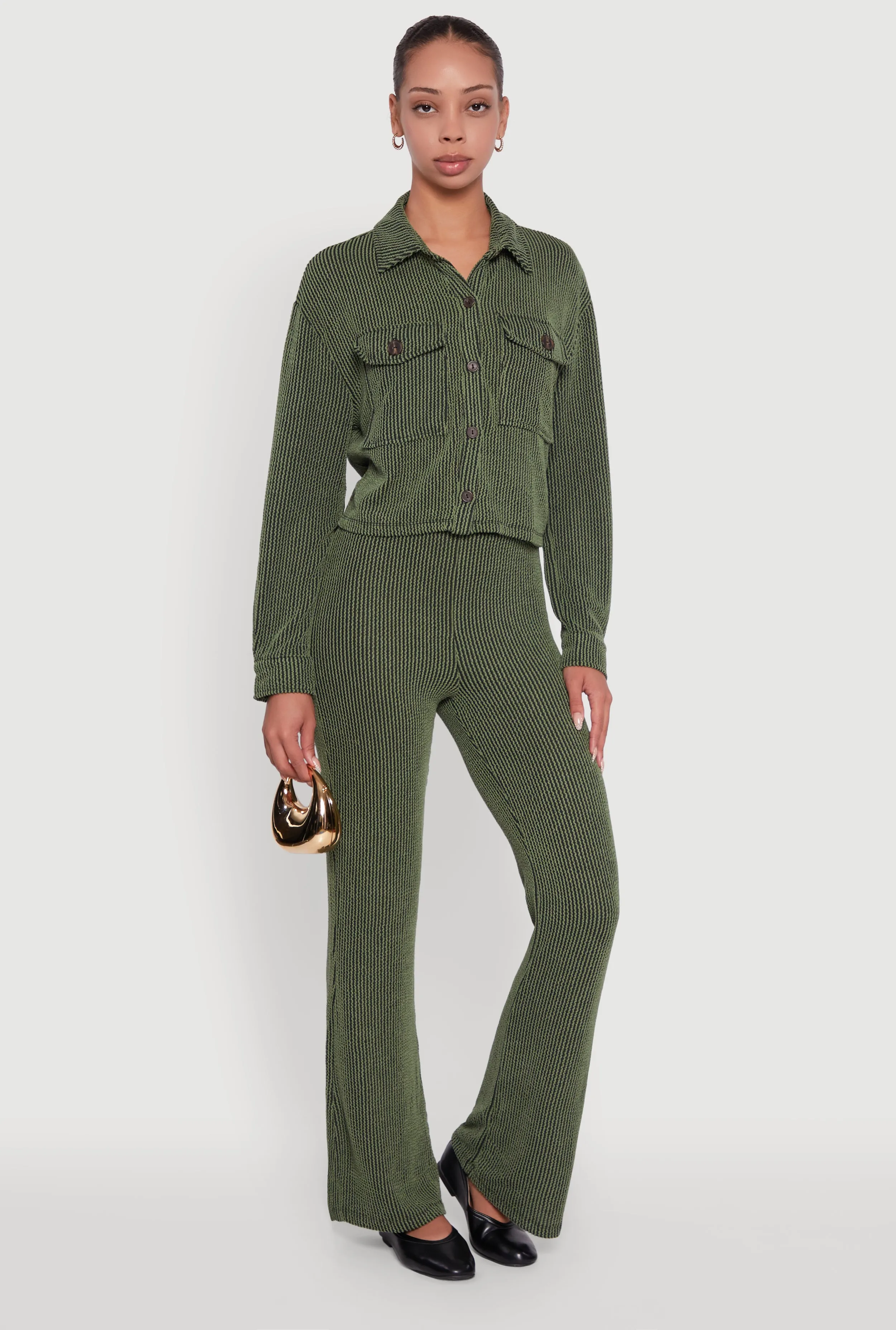 Shadow Stripe Rib Knit Pull On Flare Pants sold by Rainbow