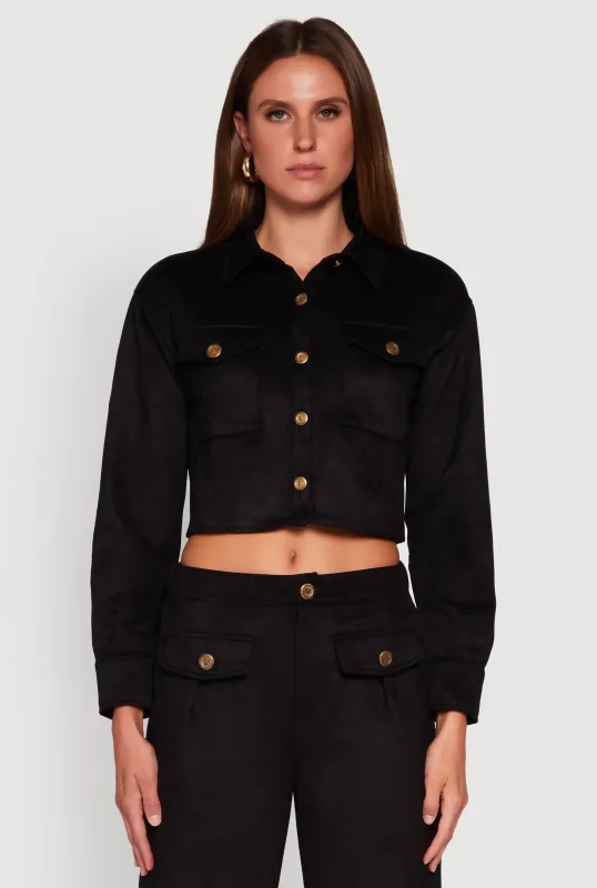 Faux Suede Button Front Cropped Shirt sold by Rainbow