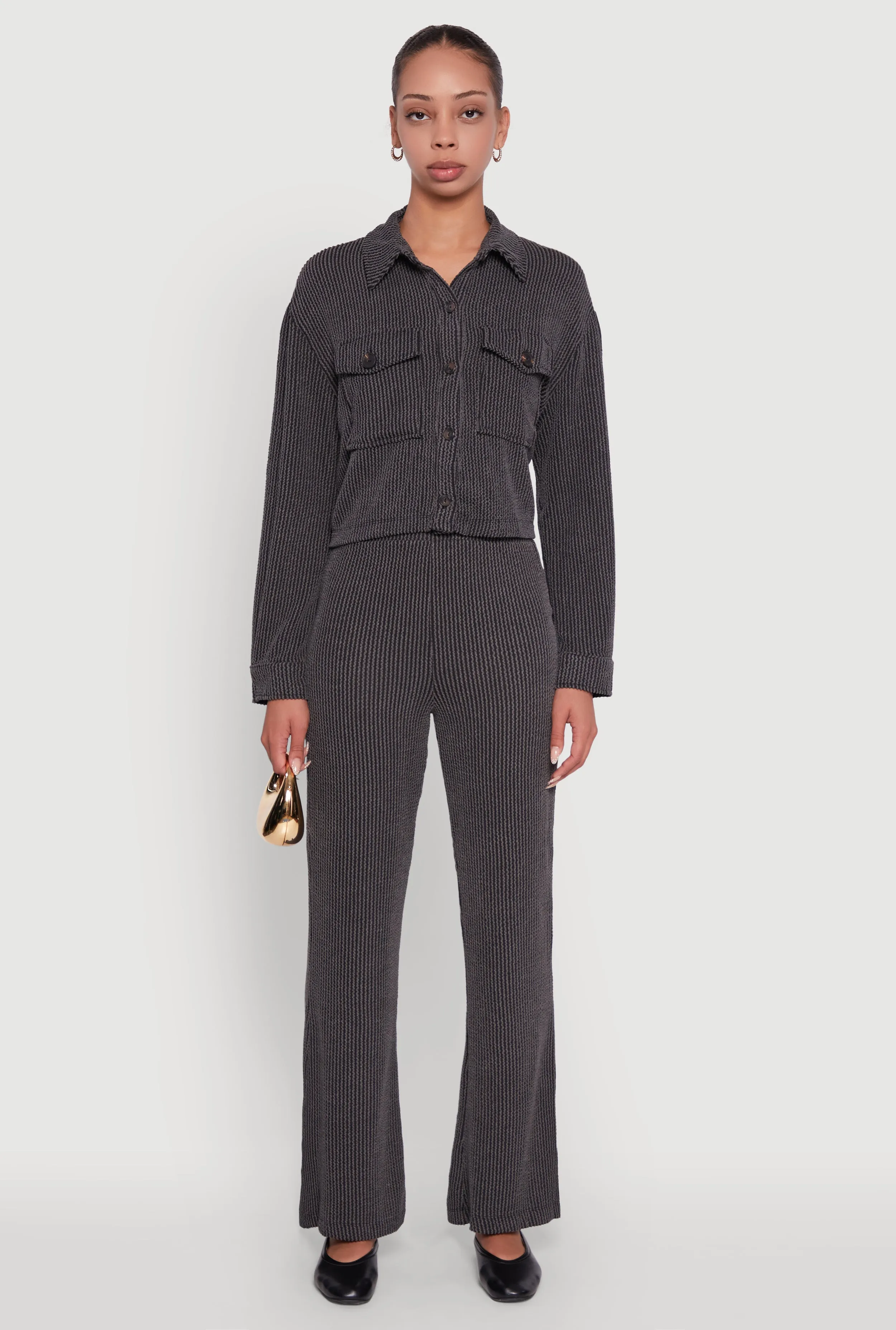 Rib Knit Shadow Stripe Button Front Cropped Shirt sold by Rainbow product image thumbnail 3