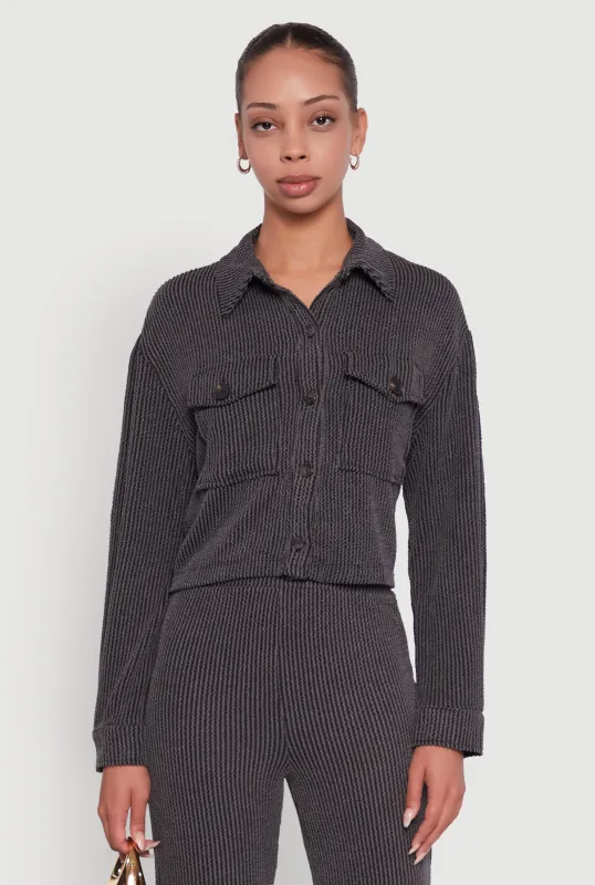 Rib Knit Shadow Stripe Button Front Cropped Shirt sold by Rainbow