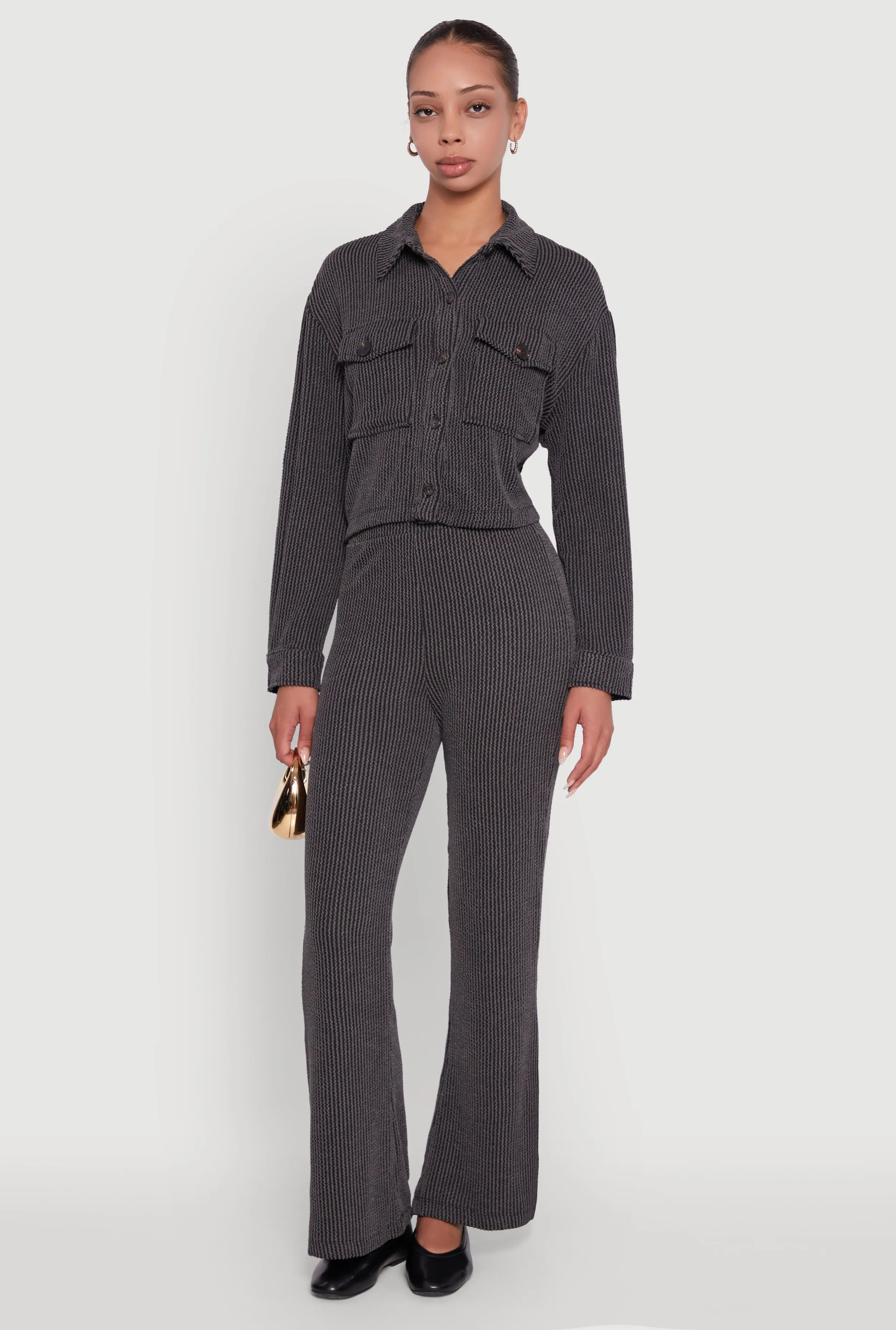 Rib Knit Shadow Stripe Button Front Cropped Shirt sold by Rainbow product image thumbnail 2