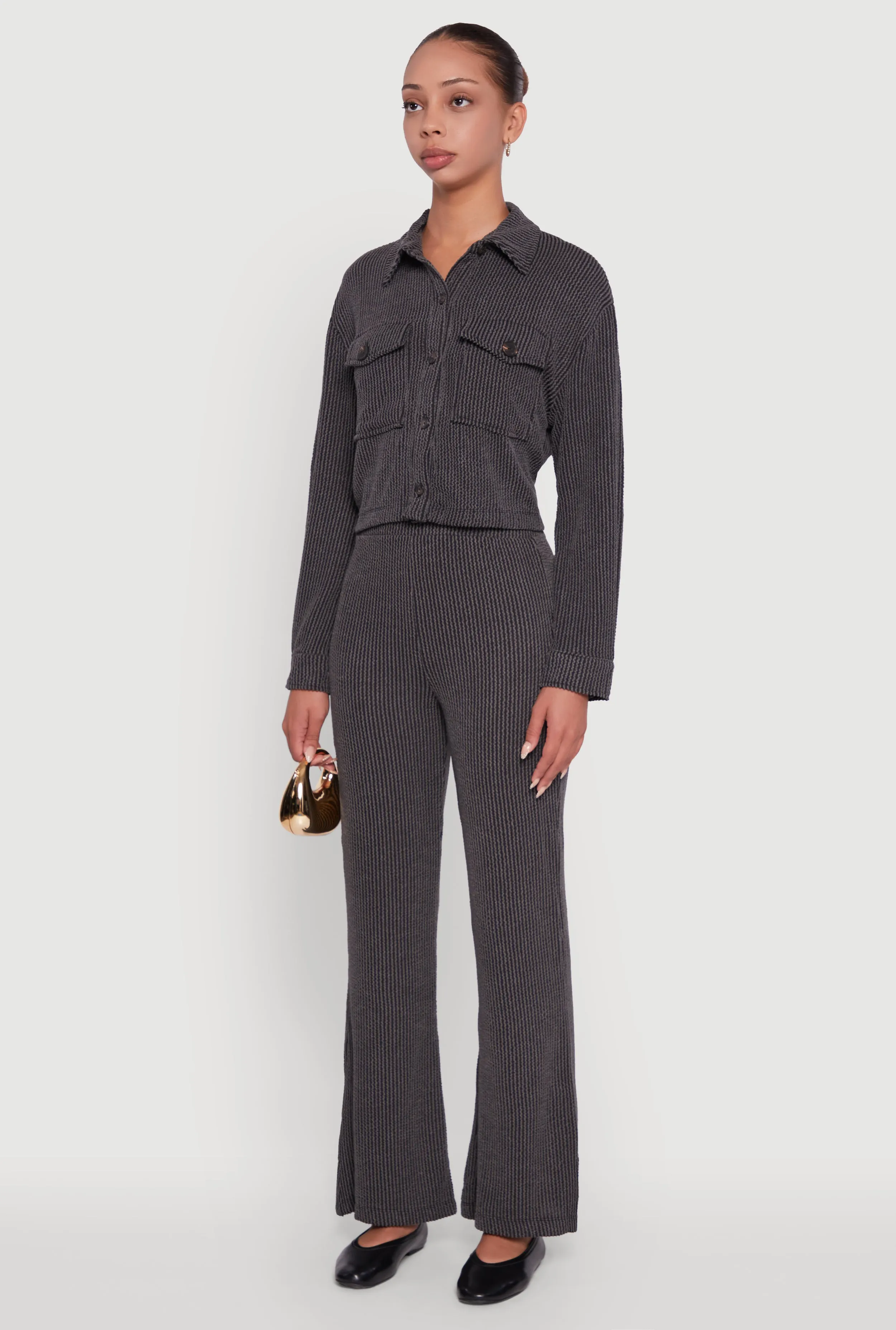 Rib Knit Shadow Stripe Button Front Cropped Shirt sold by Rainbow product image thumbnail 5