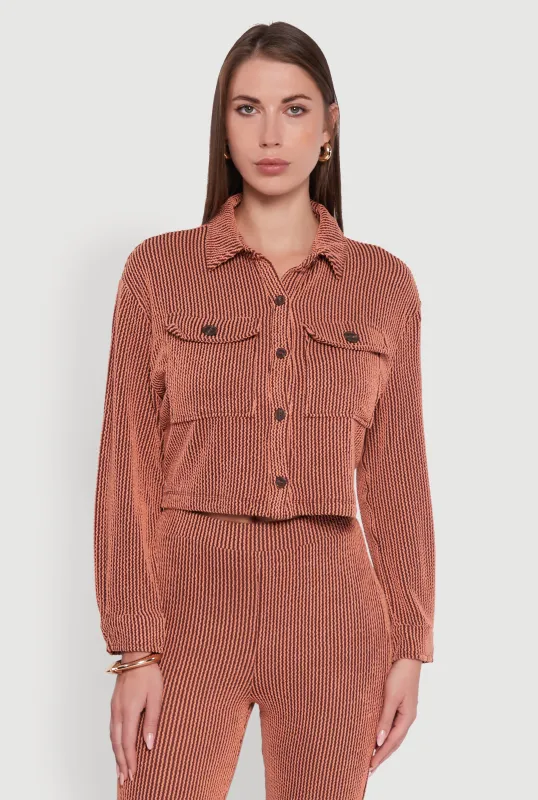 Rib Knit Shadow Stripe Button Front Cropped Shirt sold by Rainbow