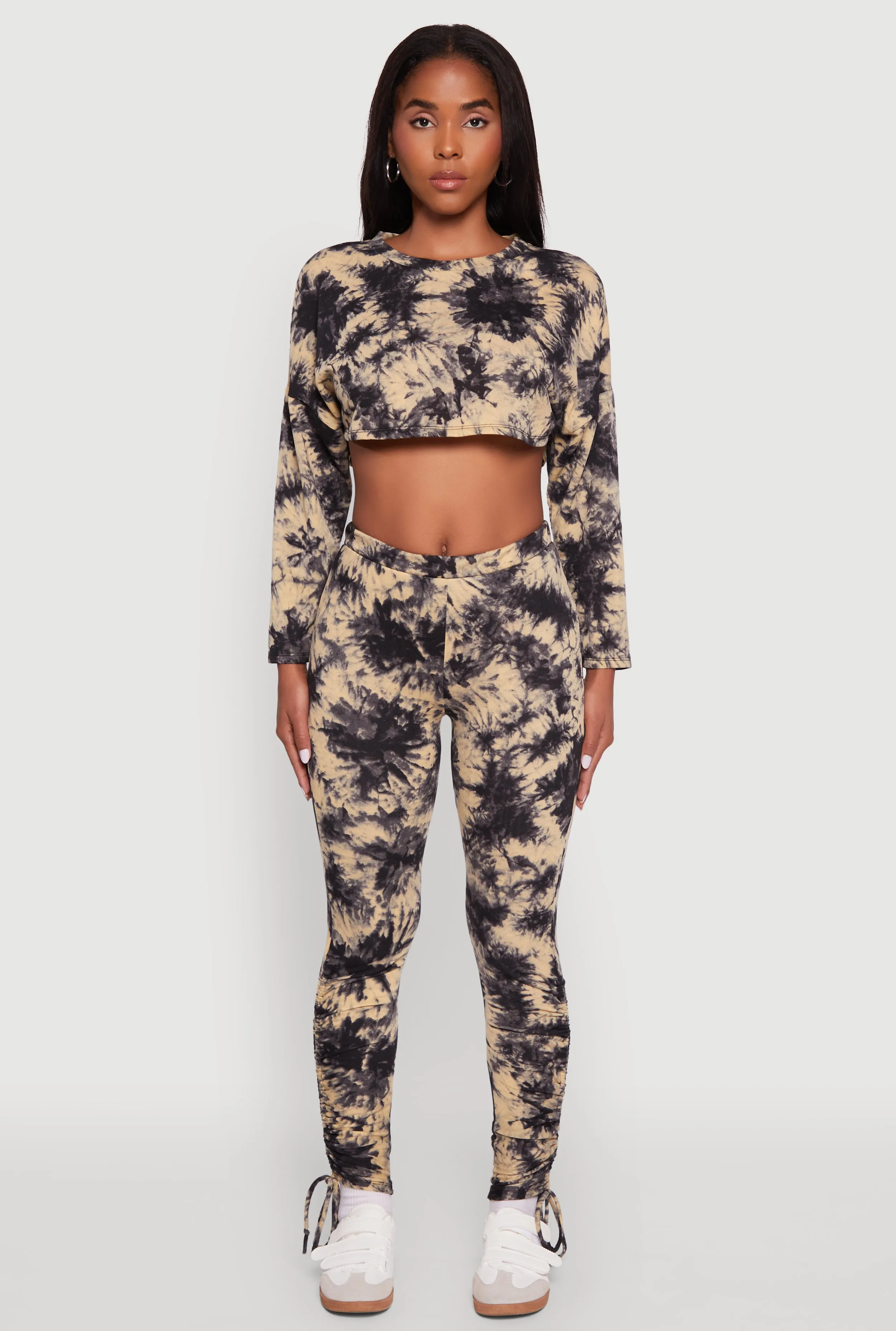 High Waisted Tie Dye Fleece Leggings with Drawstring Hem sold by Rainbow