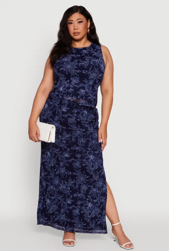 Plus Size Printed Patterned Mesh Tank Top and Side Slit Maxi Skirt sold by Rainbow
