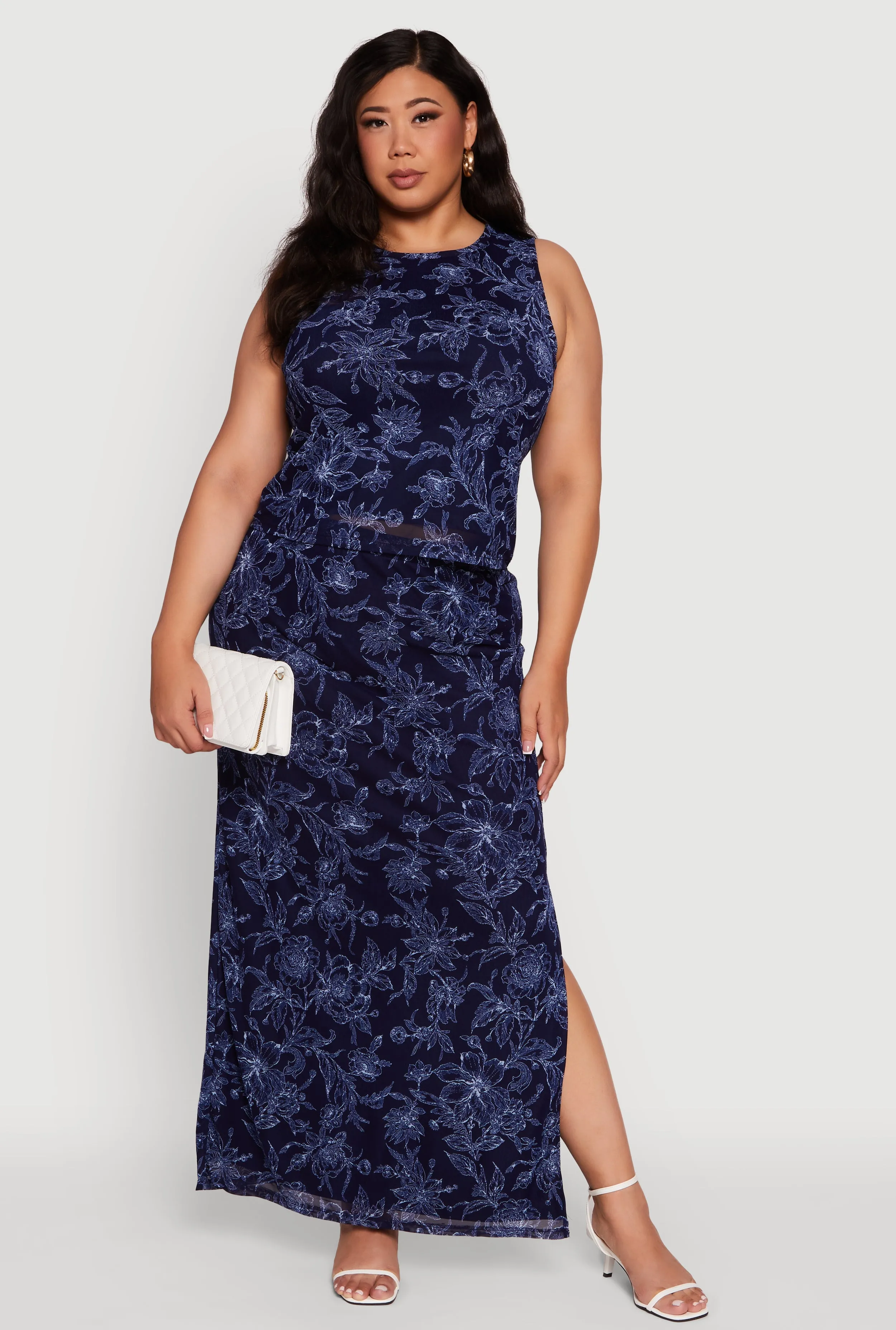 Plus Size Printed Patterned Mesh Tank Top and Side Slit Maxi Skirt sold by Rainbow