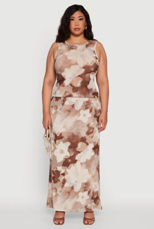 Plus Size Printed Patterned Mesh Tank Top and Side Slit Maxi Skirt sold by Rainbow