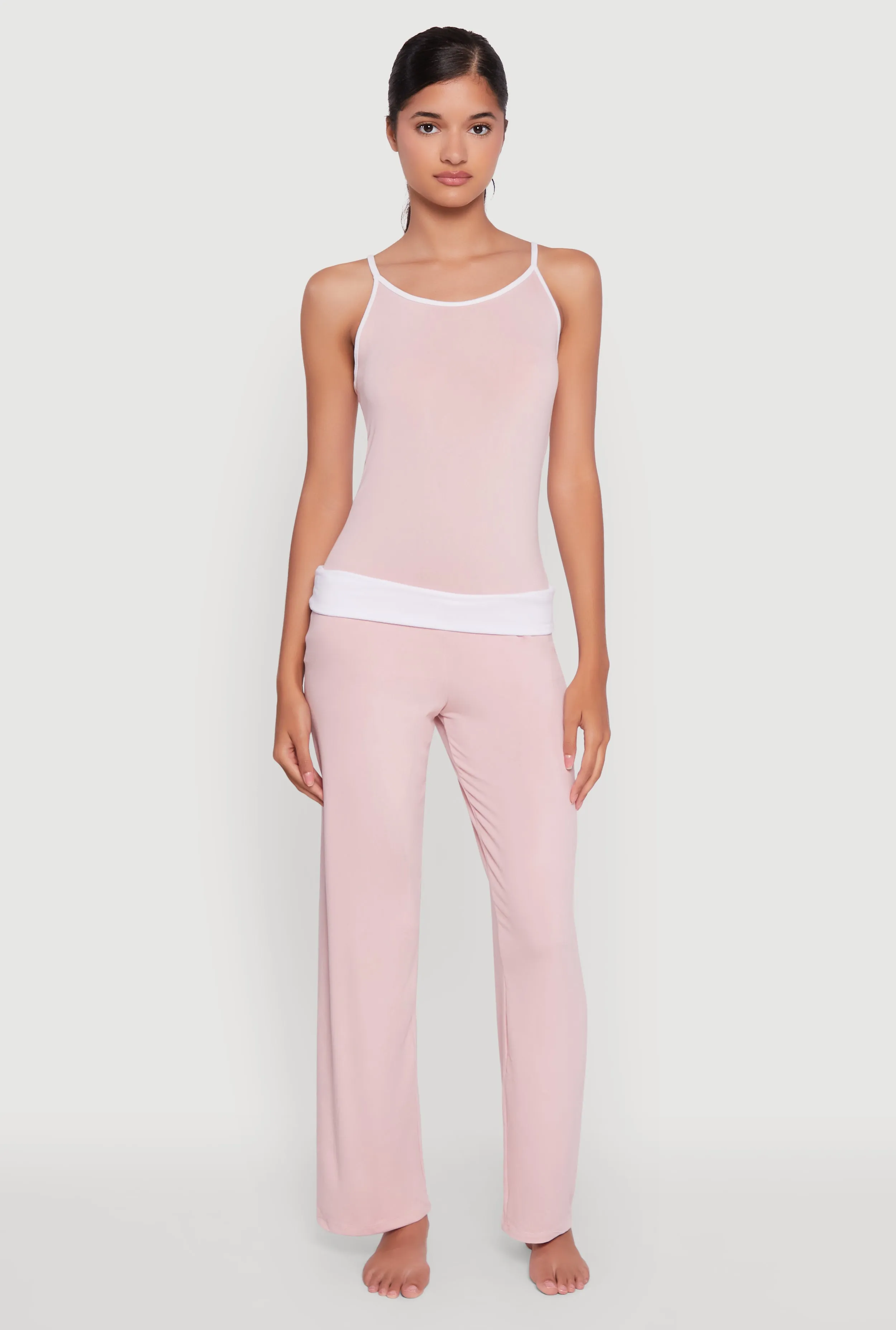 Contrast Trim Pajama Cami and Fold Over Pants Set sold by Rainbow