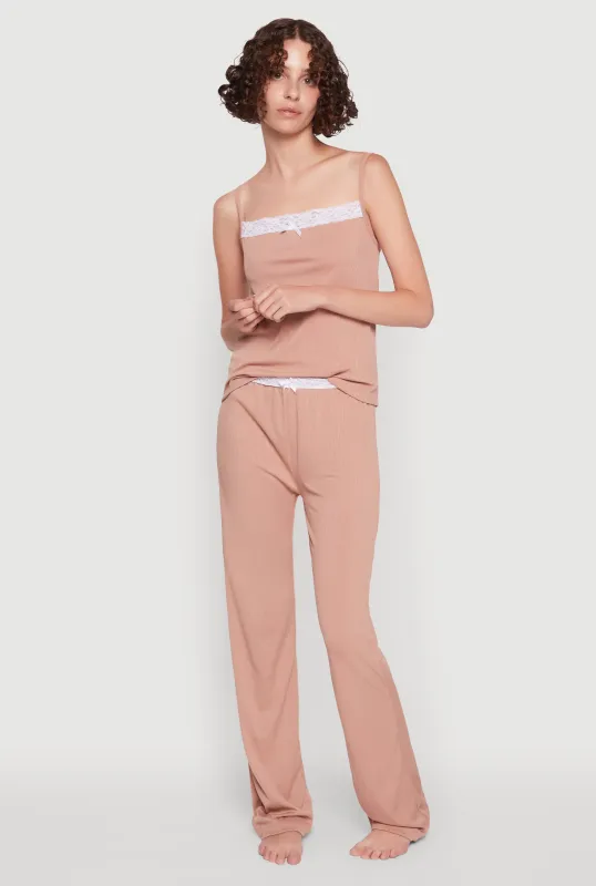 Contrast Trim Lace Detail Pajama Cami and Lounge Pants sold by Rainbow