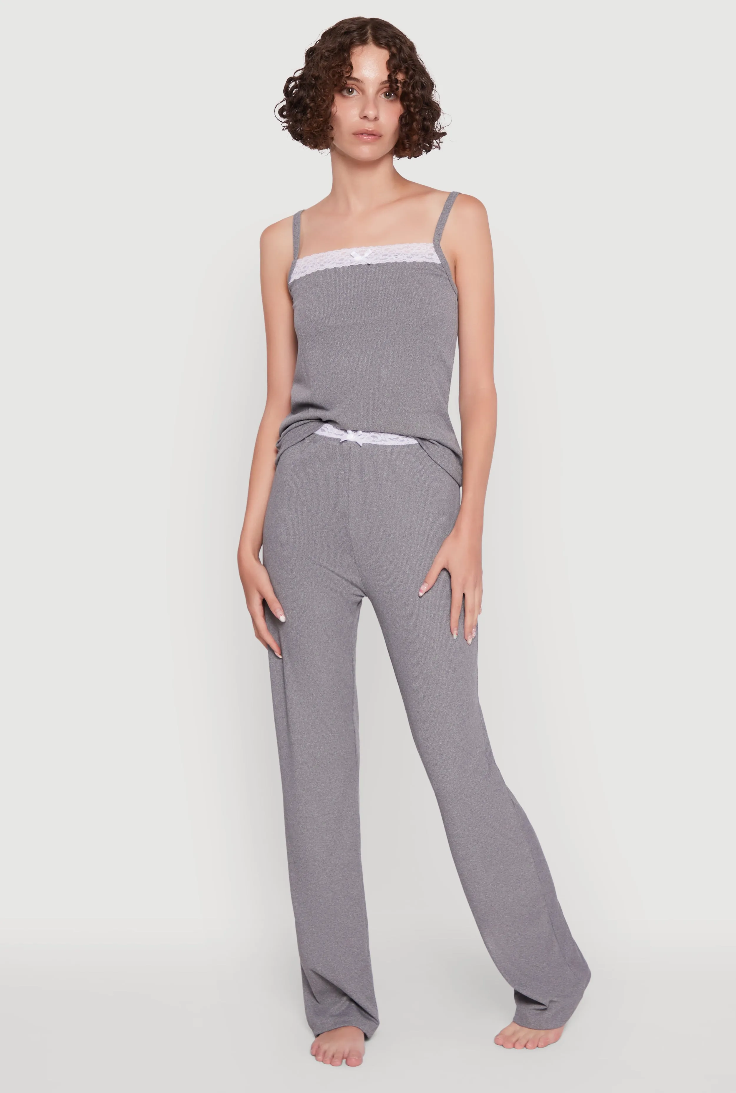 Contrast Trim Lace Detail Pajama Cami and Lounge Pants sold by Rainbow