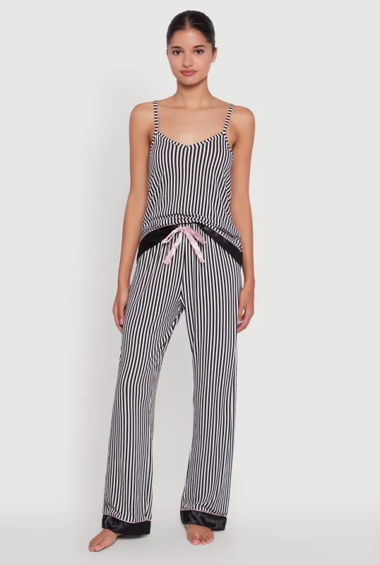 Striped Contrast Satin Trim Pajama Cami and Pants Set sold by Rainbow