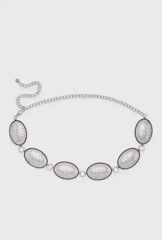 Metallic Rhinestone Studded Oval Chain Belt sold by Rainbow