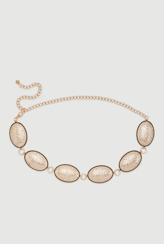 Metallic Rhinestone Studded Oval Chain Belt sold by Rainbow