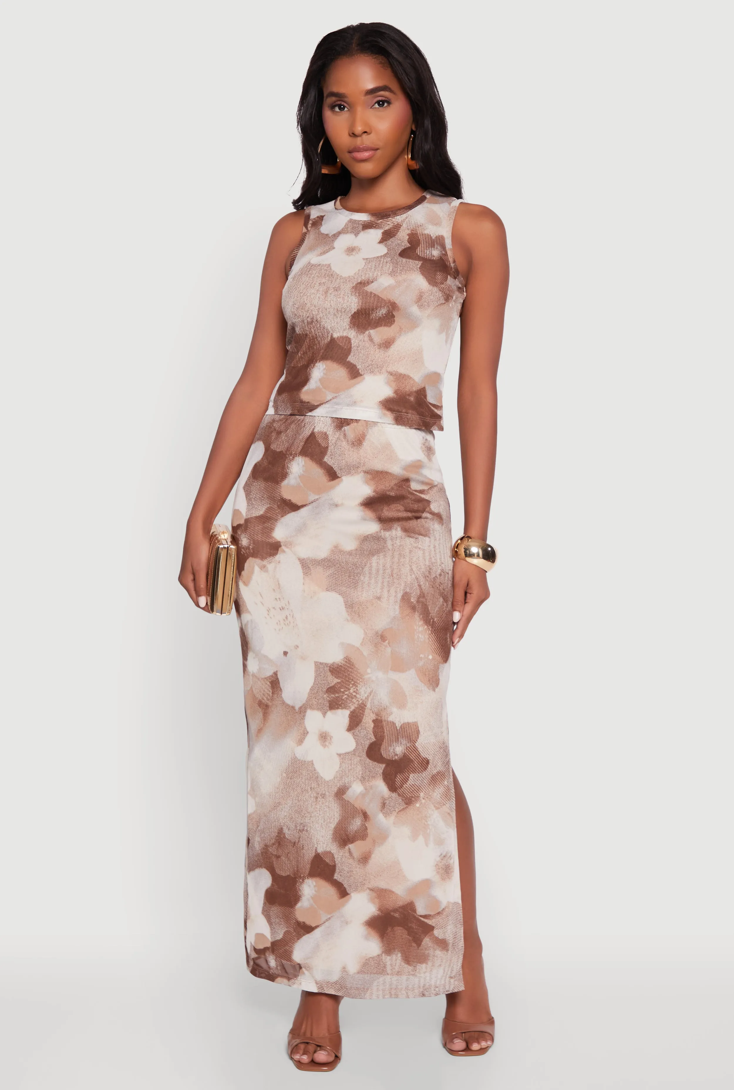 Printed Patterned Mesh Tank Top and Side Slit Maxi Skirt sold by Rainbow