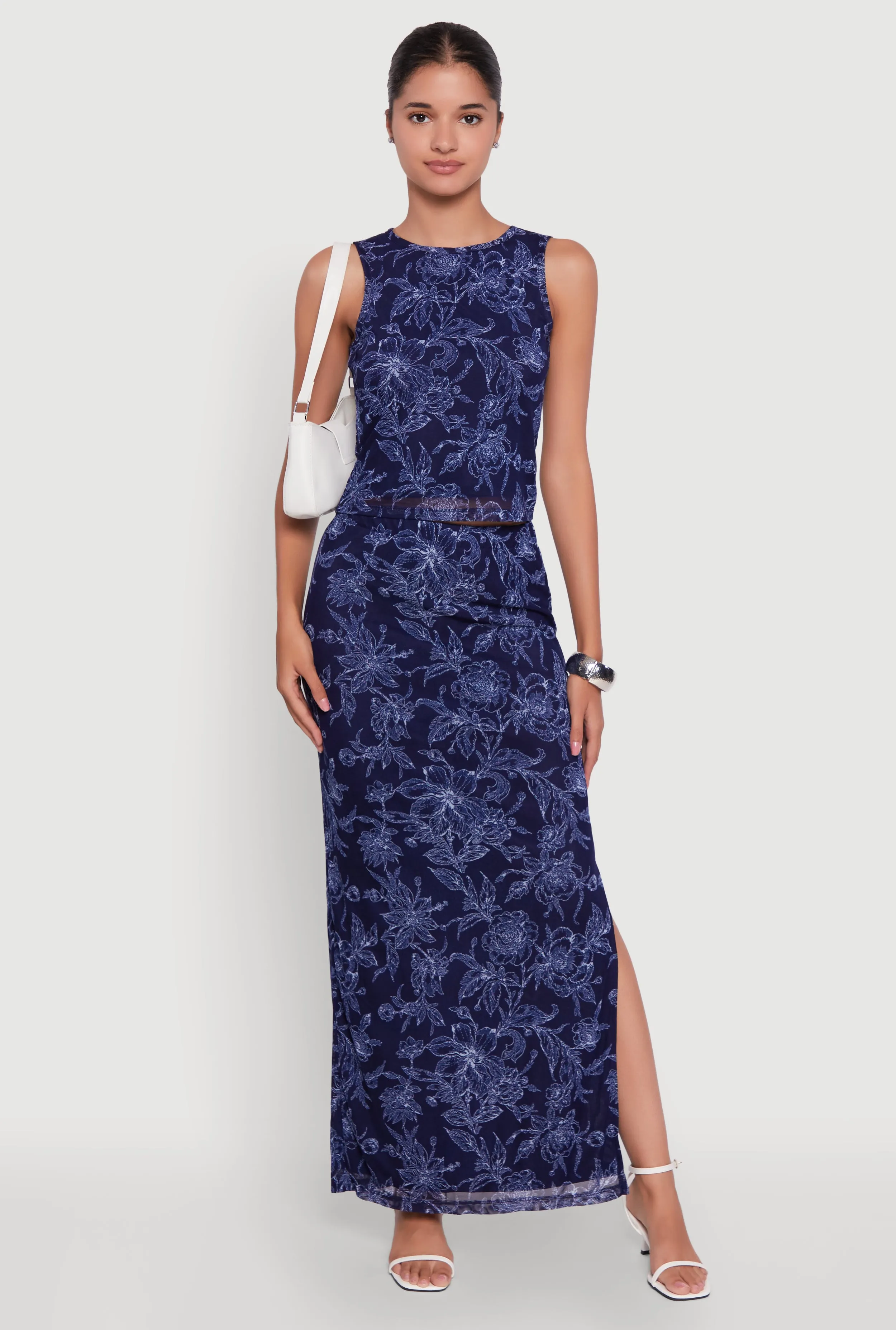 Printed Patterned Mesh Tank Top and Side Slit Maxi Skirt sold by Rainbow
