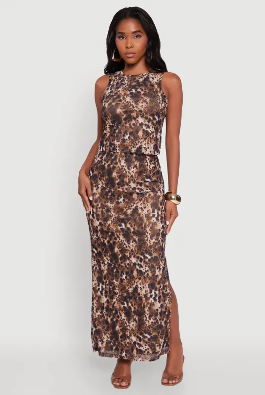 Printed Patterned Mesh Tank Top and Side Slit Maxi Skirt sold by Rainbow
