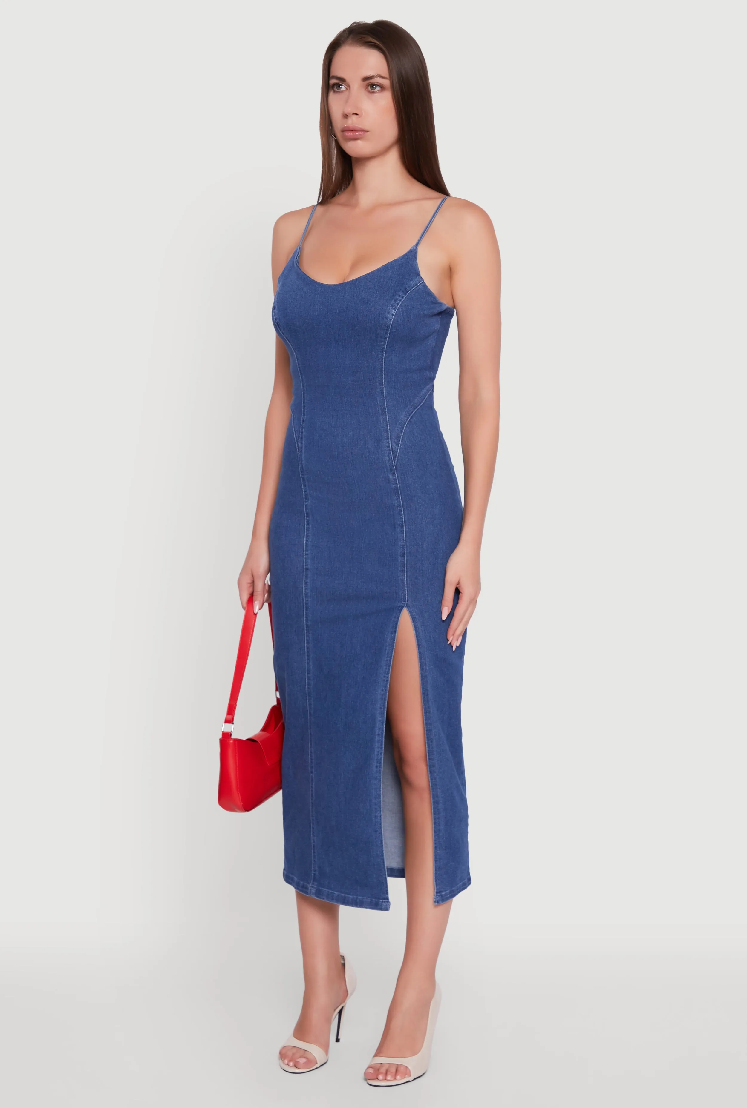 Denim Pintuck Scoop Neck Side Slit Dress sold by Rainbow product image thumbnail 3