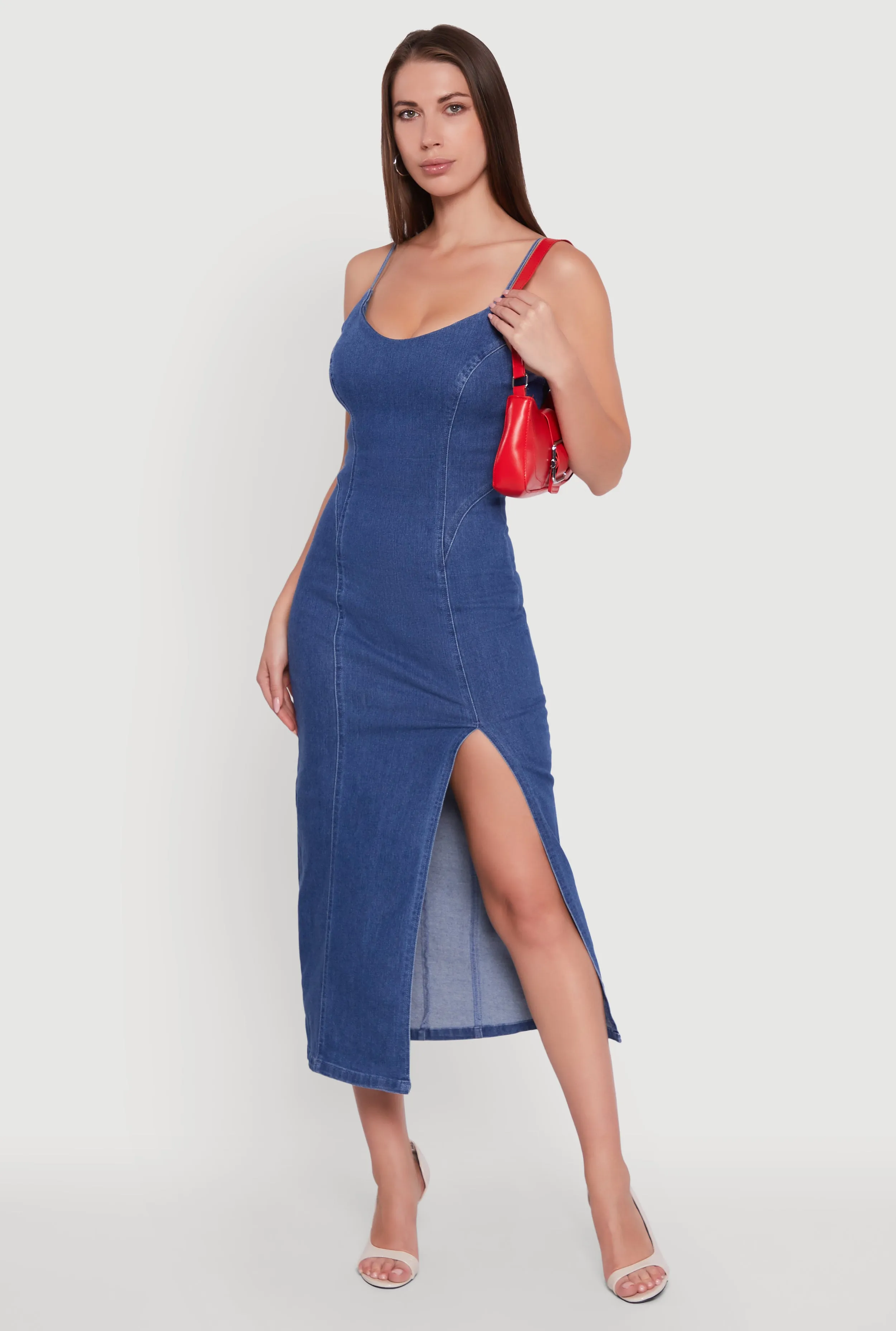 Denim Pintuck Scoop Neck Side Slit Dress sold by Rainbow