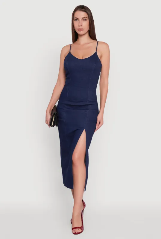 Denim Pintuck Scoop Neck Side Slit Dress sold by Rainbow