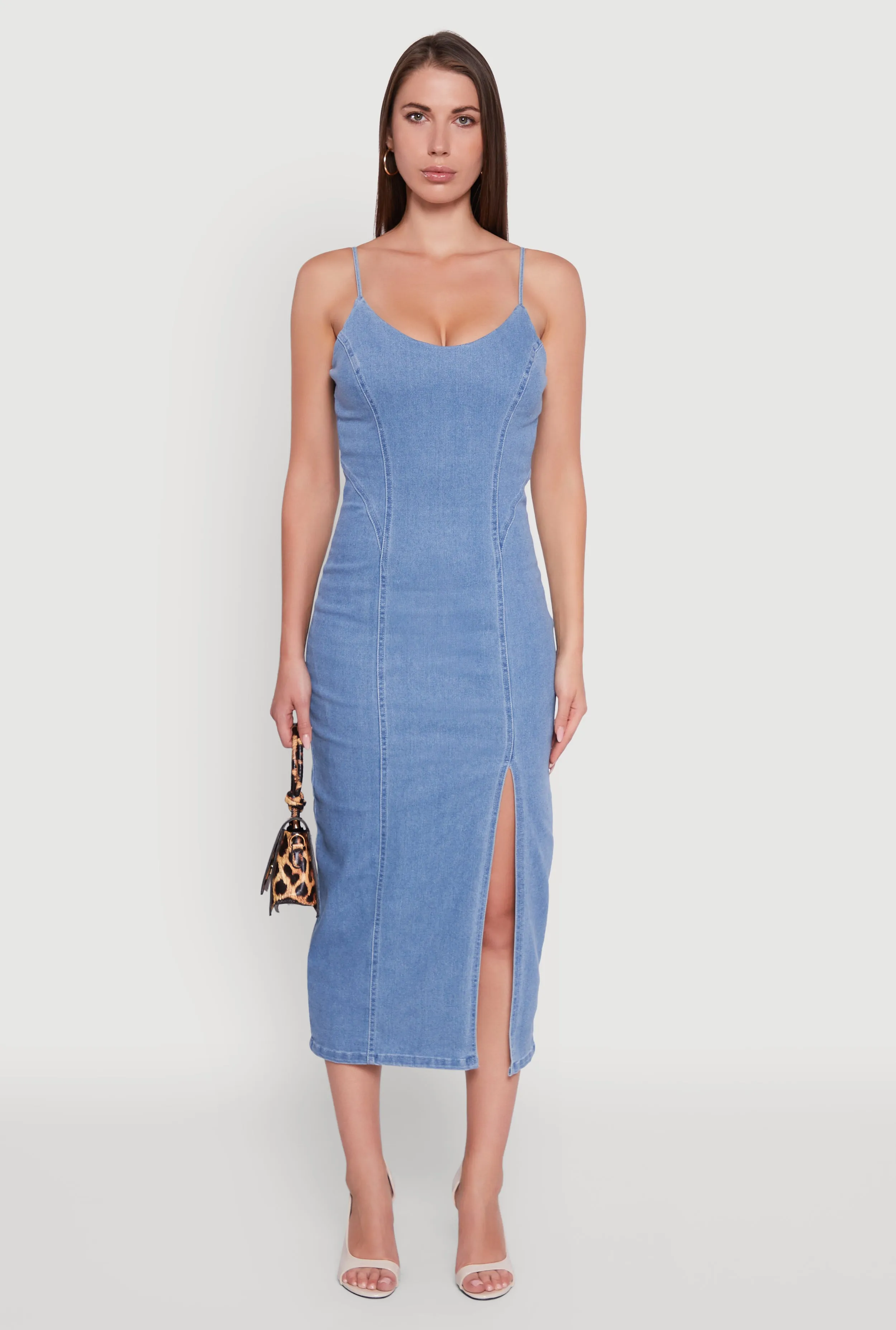 Denim Pintuck Scoop Neck Side Slit Dress sold by Rainbow product image thumbnail 2
