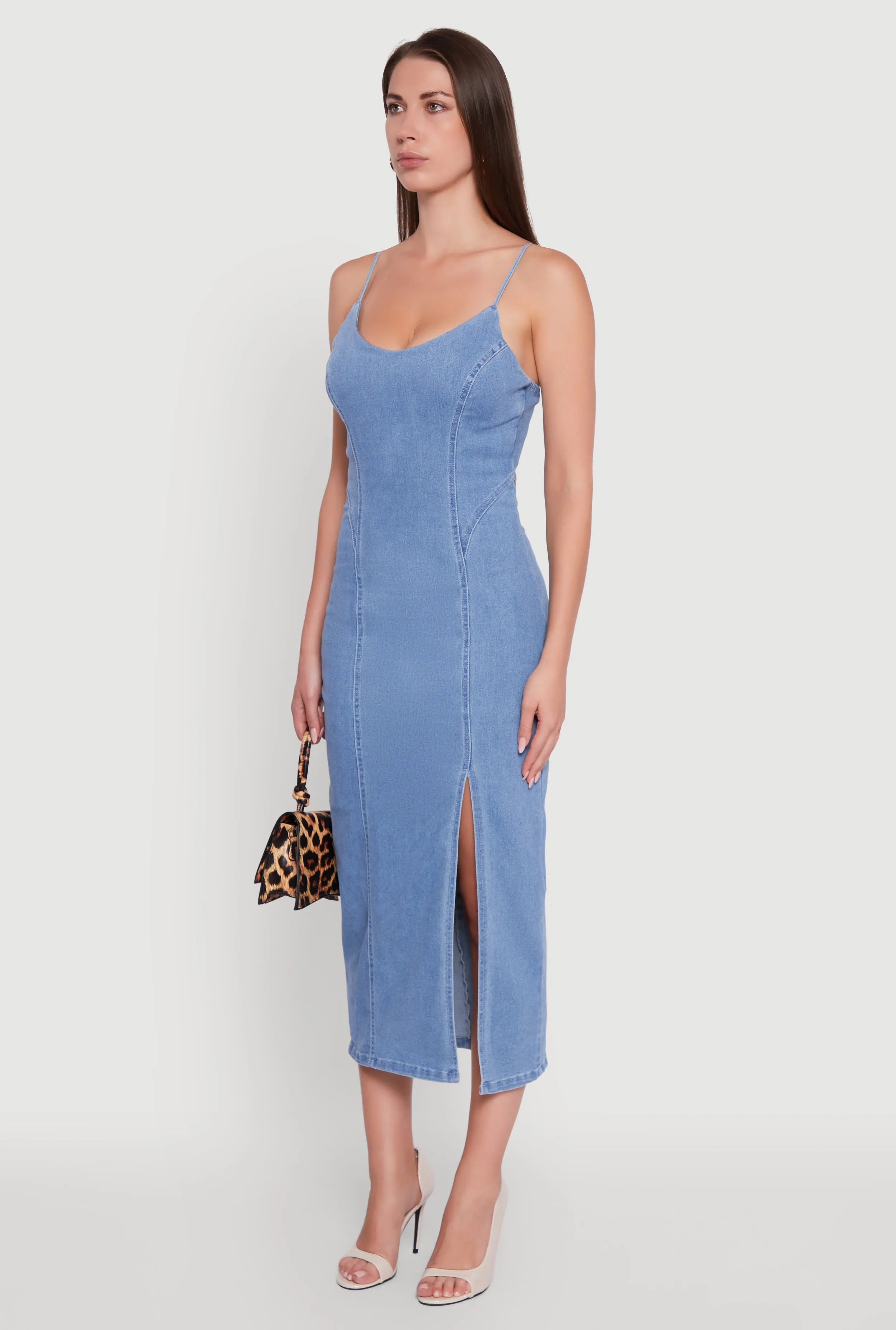 Denim Pintuck Scoop Neck Side Slit Dress sold by Rainbow product image thumbnail 3