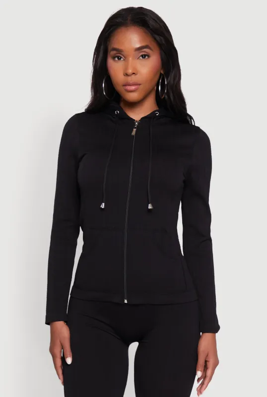 Textured Knit Zip Front Drawstring Hoodie sold by Rainbow