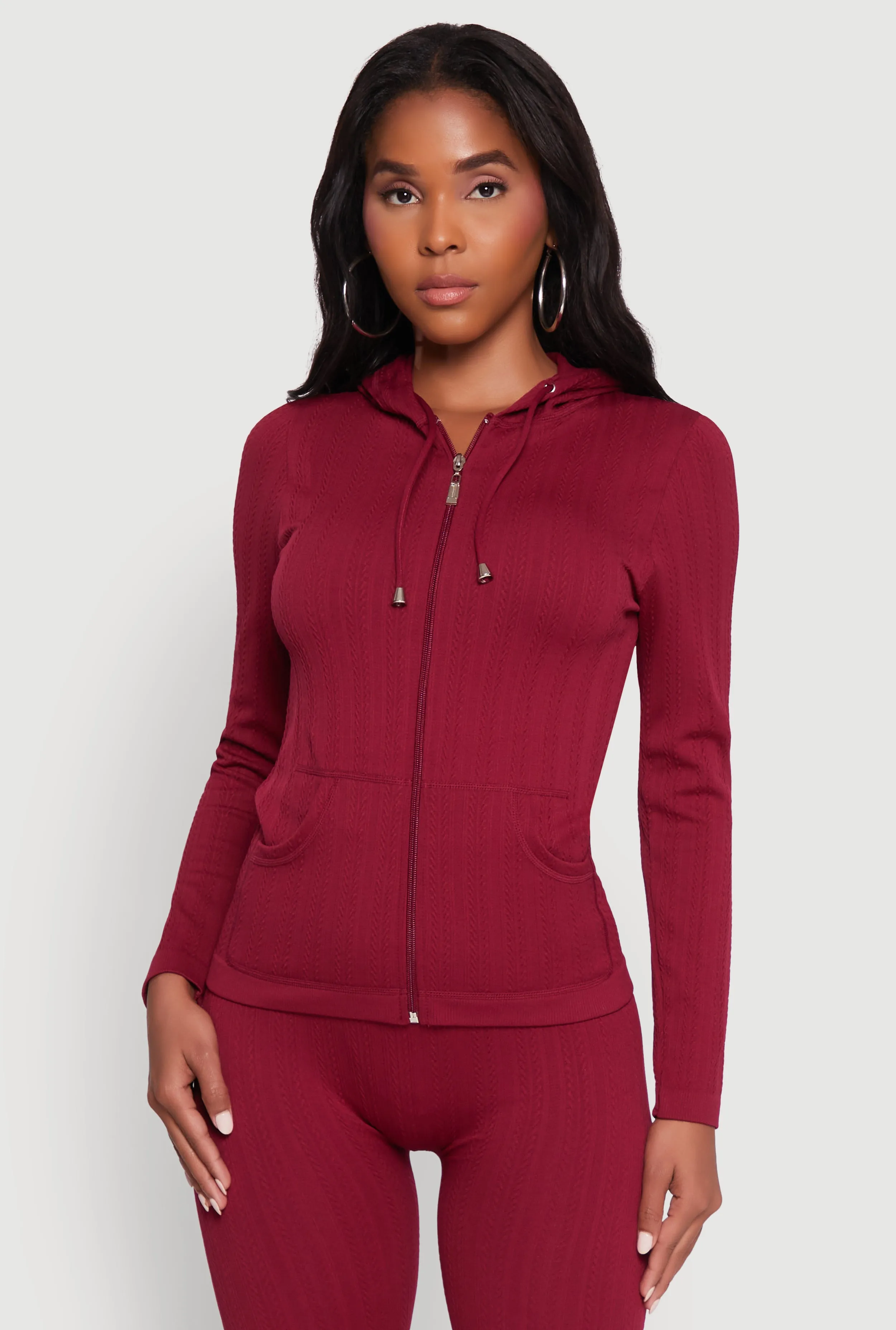 Textured Knit Zip Front Drawstring Hoodie sold by Rainbow product image thumbnail 4