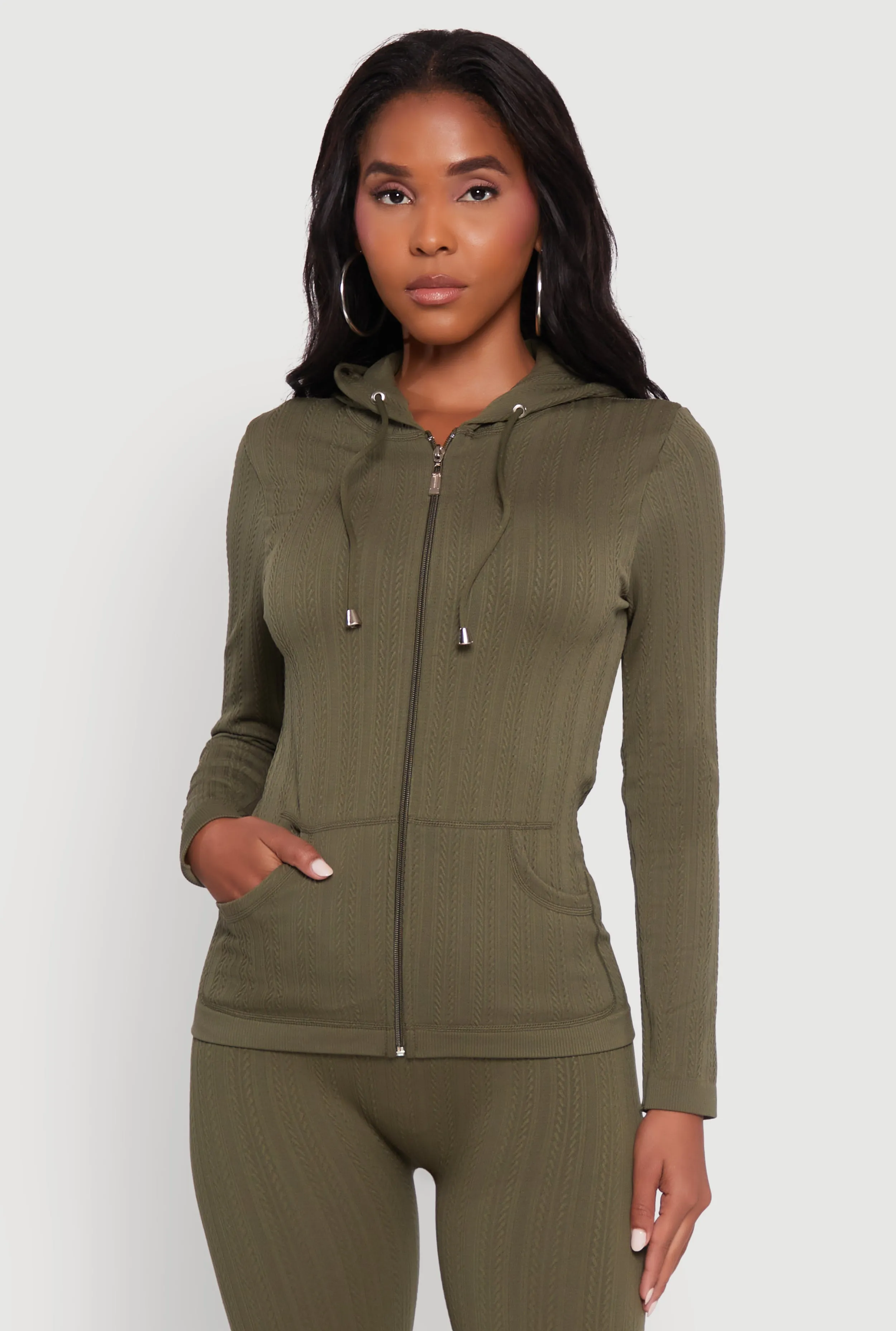 Textured Knit Zip Front Drawstring Hoodie sold by Rainbow product image thumbnail 3