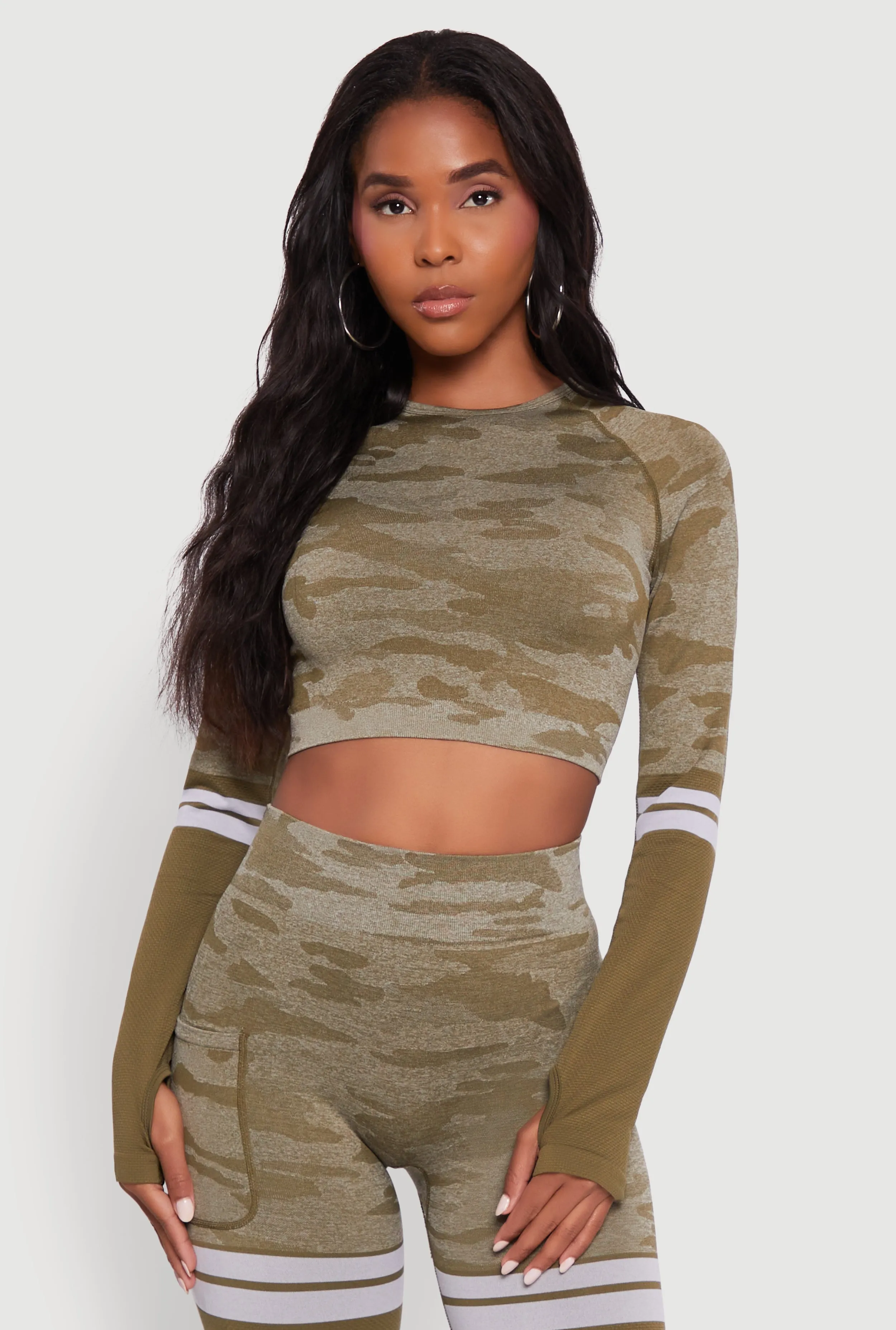 Camo Two Tone Long Sleeve Crop Top with Thumb Holes sold by Rainbow