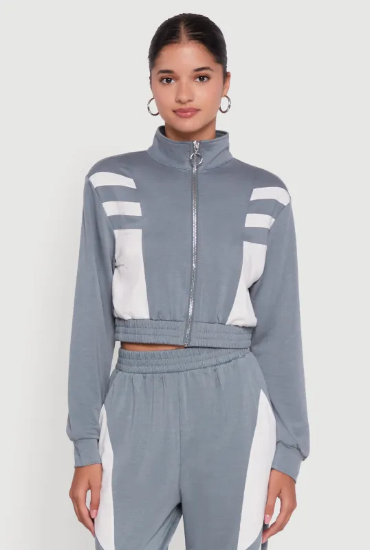 Color Block Cropped Zip Front Track Jacket sold by Rainbow