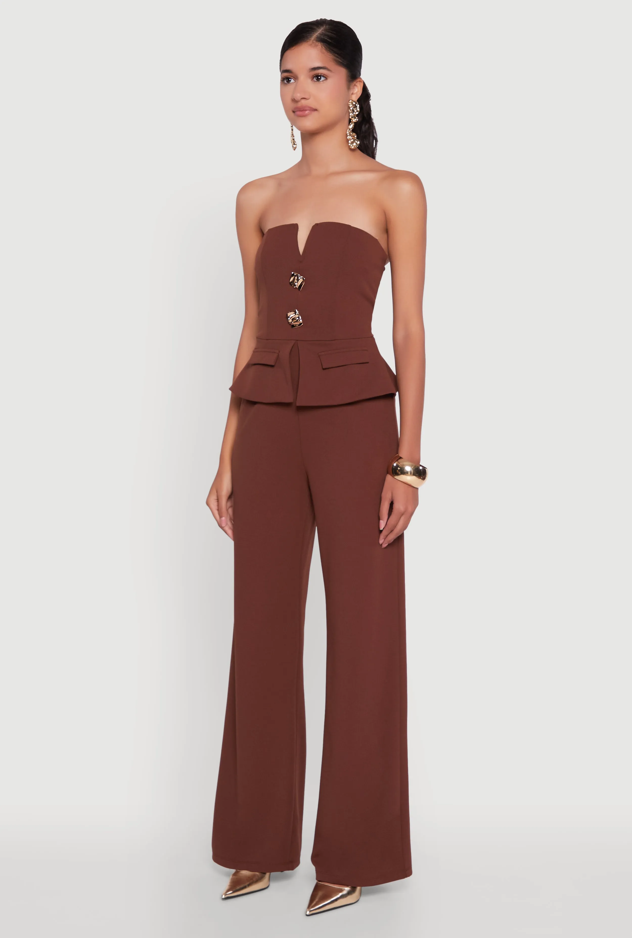 Metallic Button Faux Pocket Peplum Detail Wide Leg Jumpsuit sold by Rainbow product image thumbnail 3