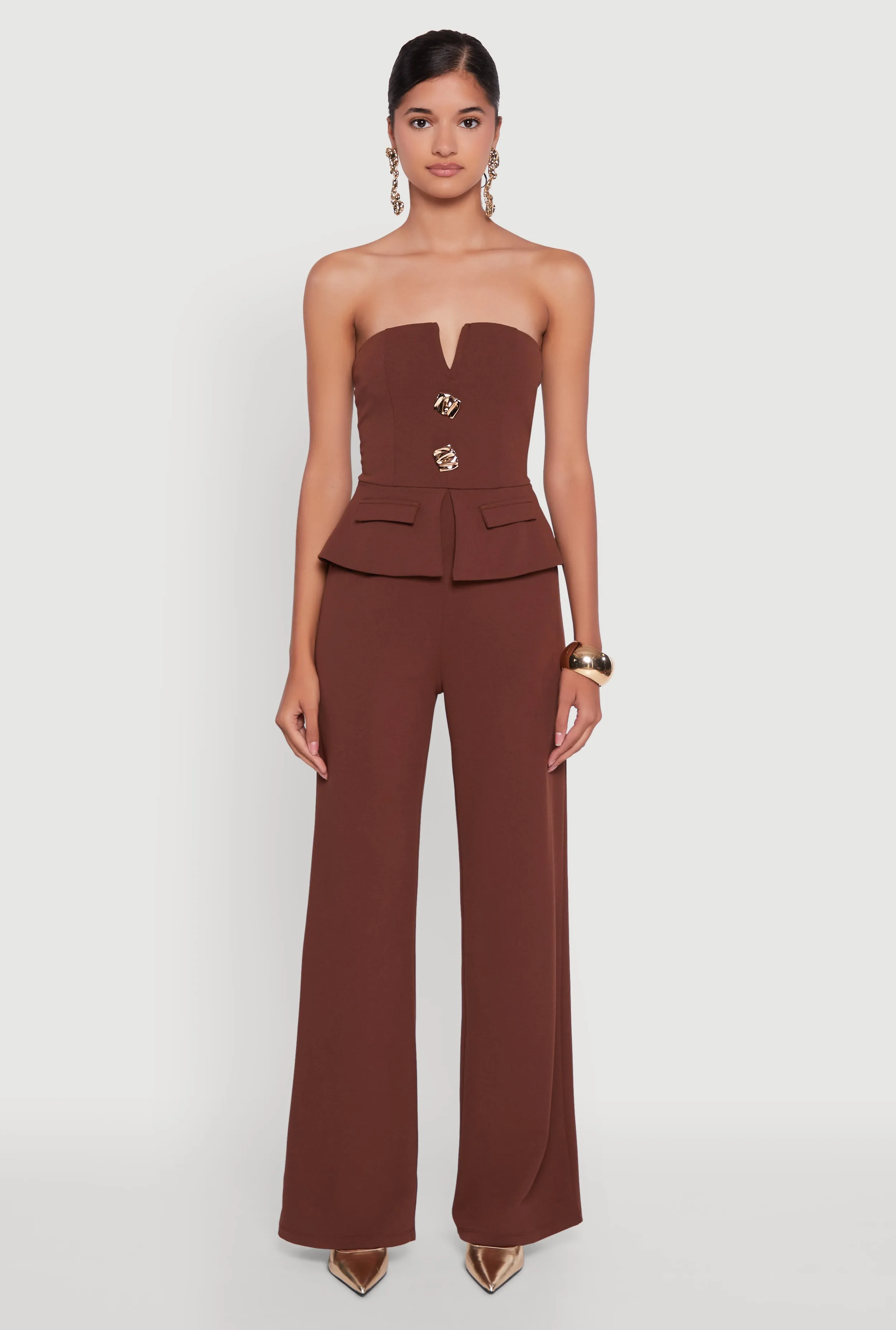 Metallic Button Faux Pocket Peplum Detail Wide Leg Jumpsuit sold by Rainbow product image thumbnail 2