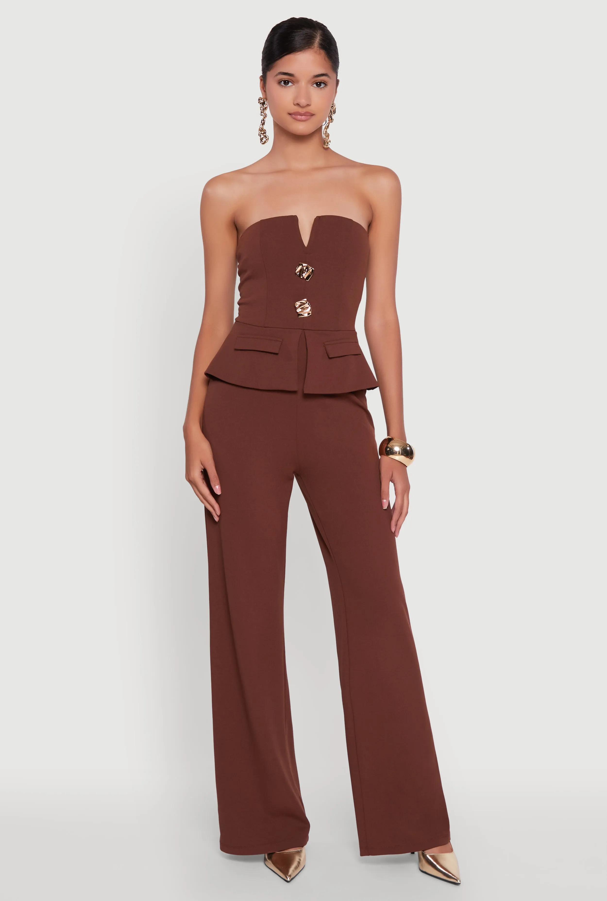 Metallic Button Faux Pocket Peplum Detail Wide Leg Jumpsuit sold by Rainbow