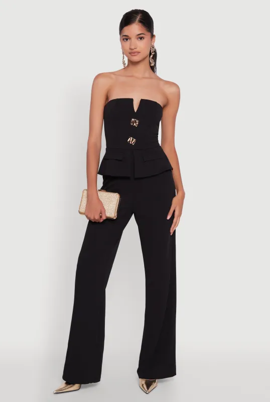 Metallic Button Faux Pocket Peplum Detail Wide Leg Jumpsuit sold by Rainbow