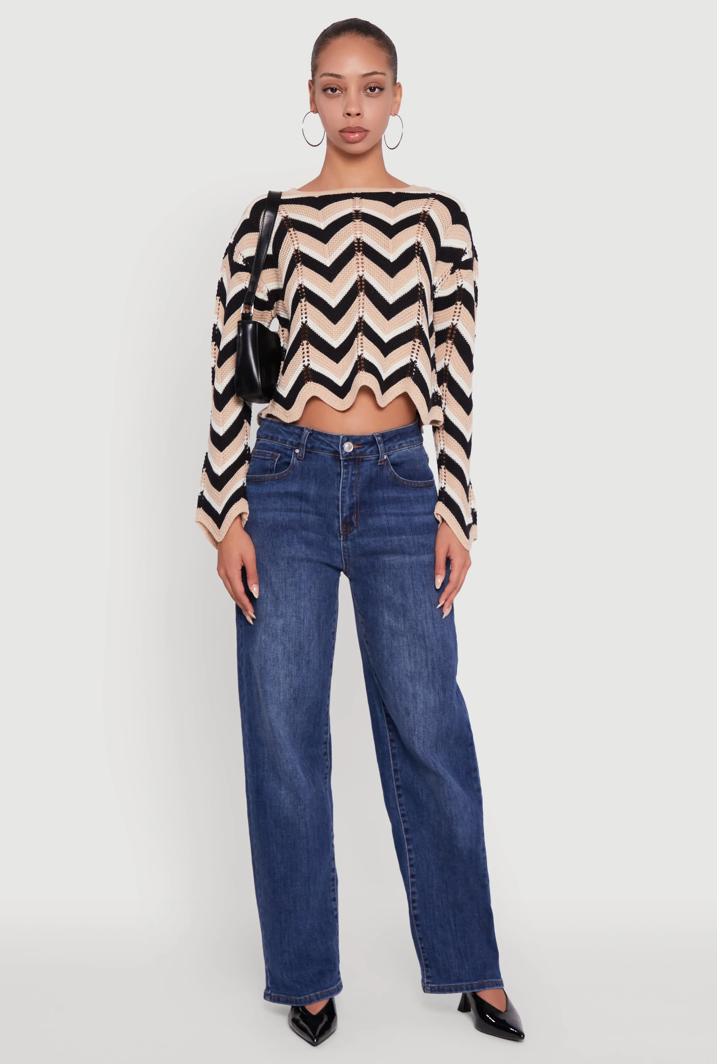 Chevron Crochet Long Sleeve Cropped Sweater sold by Rainbow