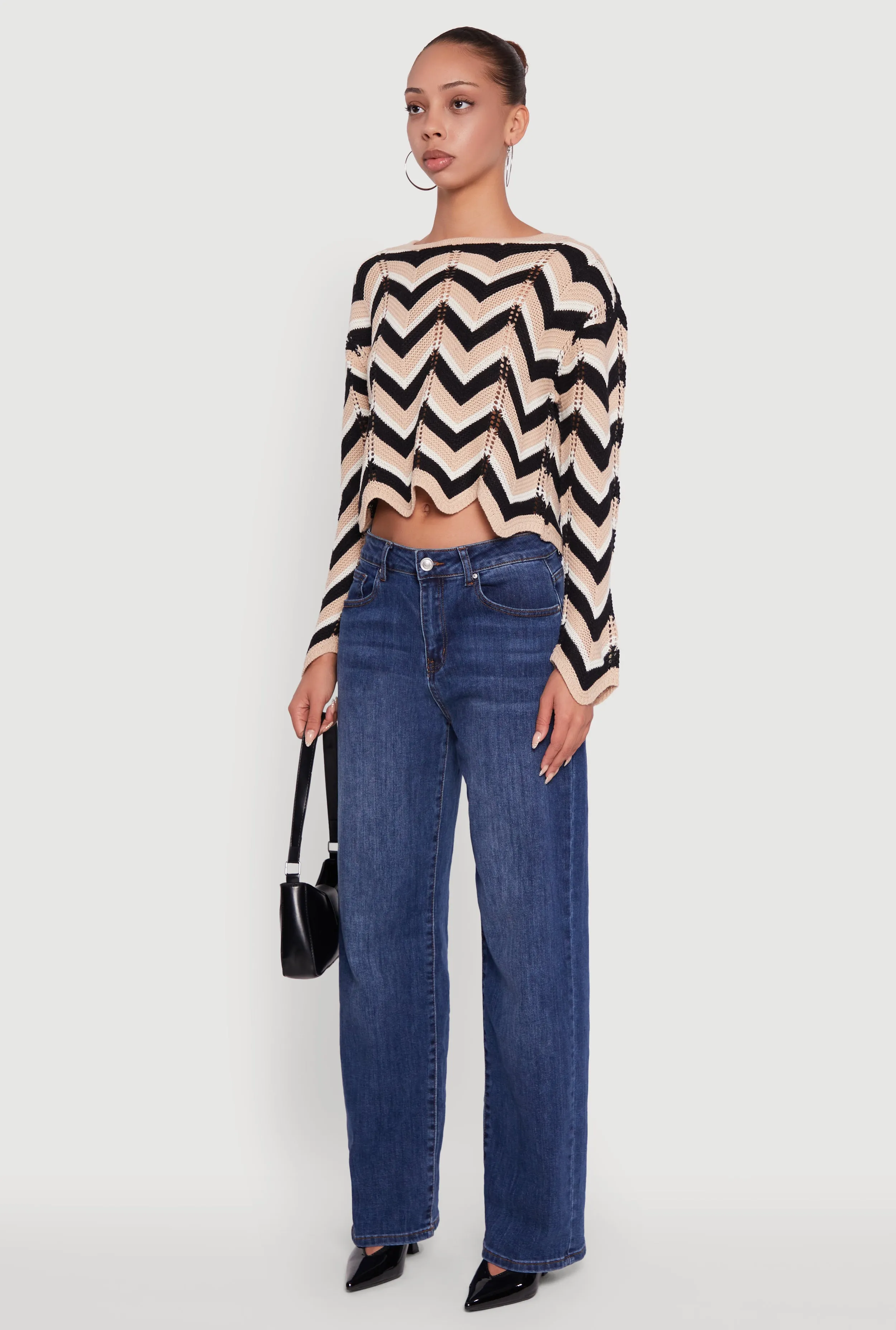 Chevron Crochet Long Sleeve Cropped Sweater sold by Rainbow product image thumbnail 5