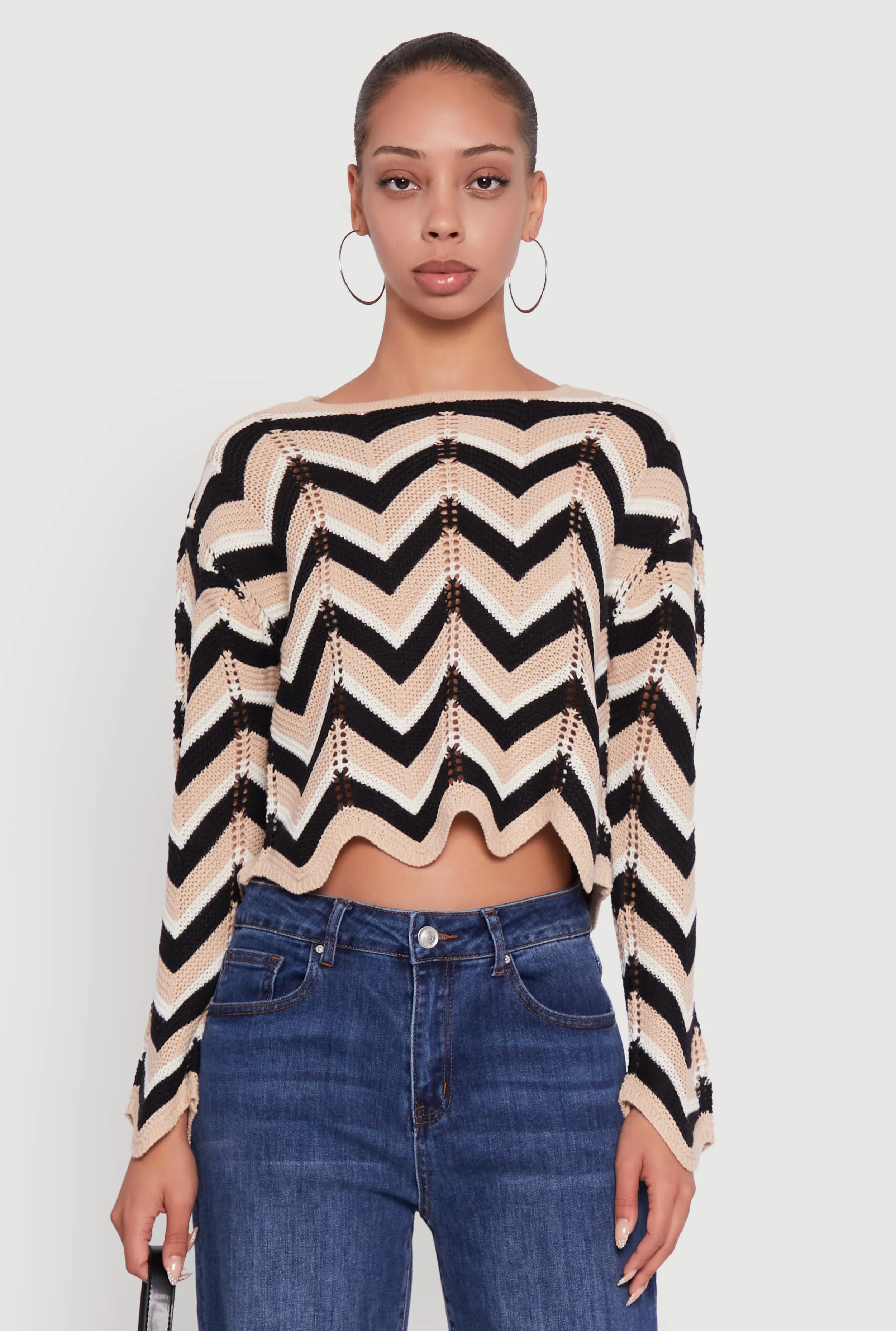 Chevron Crochet Long Sleeve Cropped Sweater sold by Rainbow product image thumbnail 2