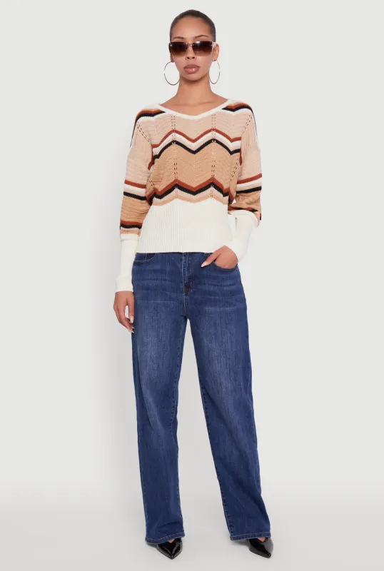 Crochet Chevron Caged Back V-Neck Sweater sold by Rainbow